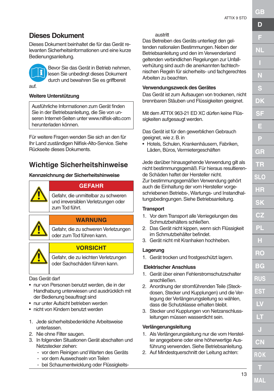 Dieses dokument, Wichtige sicherheitshinweise | Nilfisk-ALTO 961-01 User Manual | Page 13 / 105