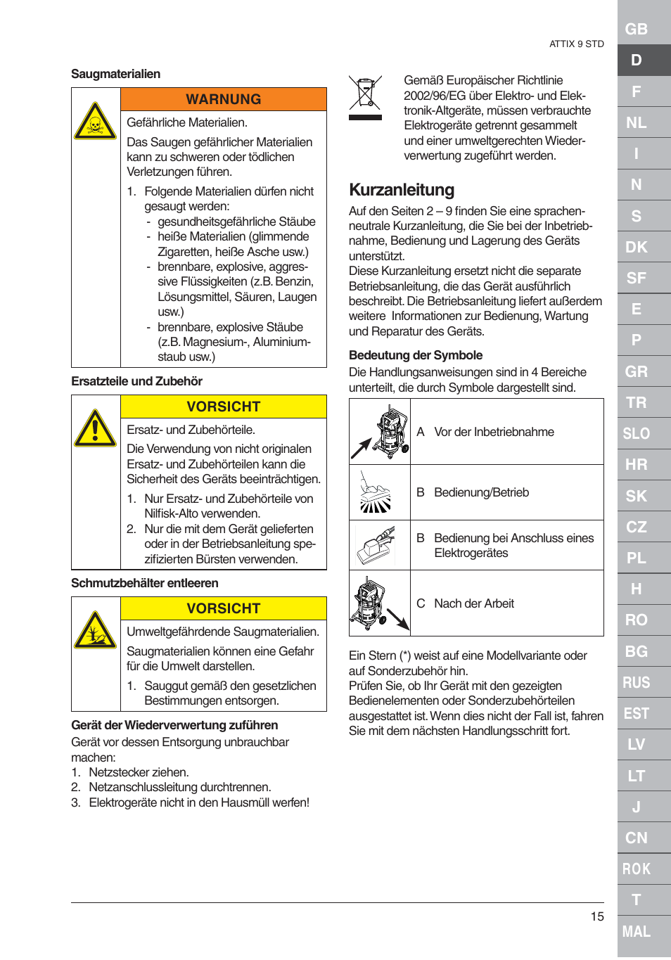 Kurzanleitung | Nilfisk-ALTO 961-01 User Manual | Page 15 / 105