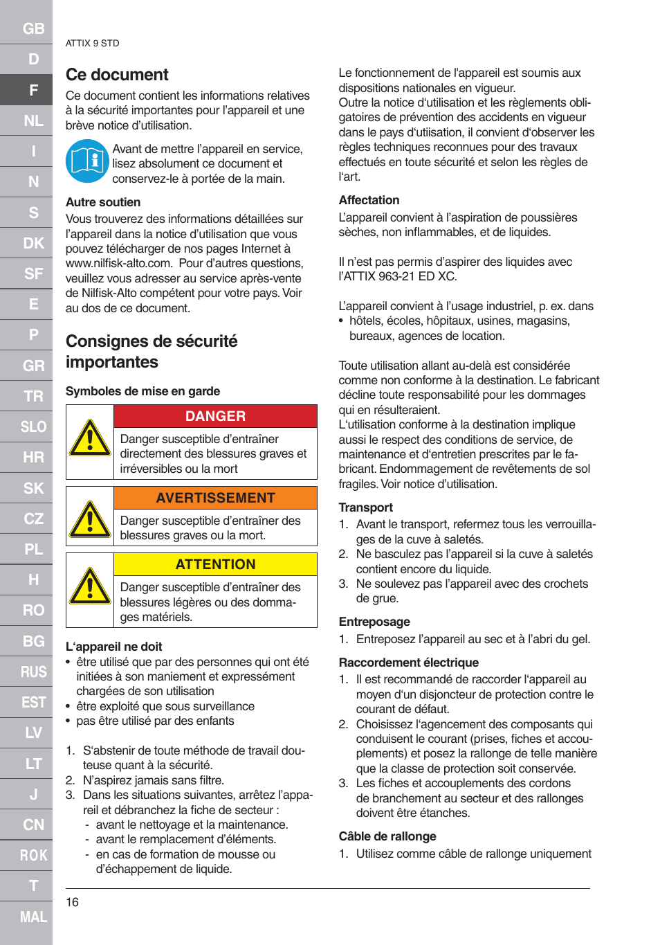 Ce document, Consignes de sécurité importantes | Nilfisk-ALTO 961-01 User Manual | Page 16 / 105