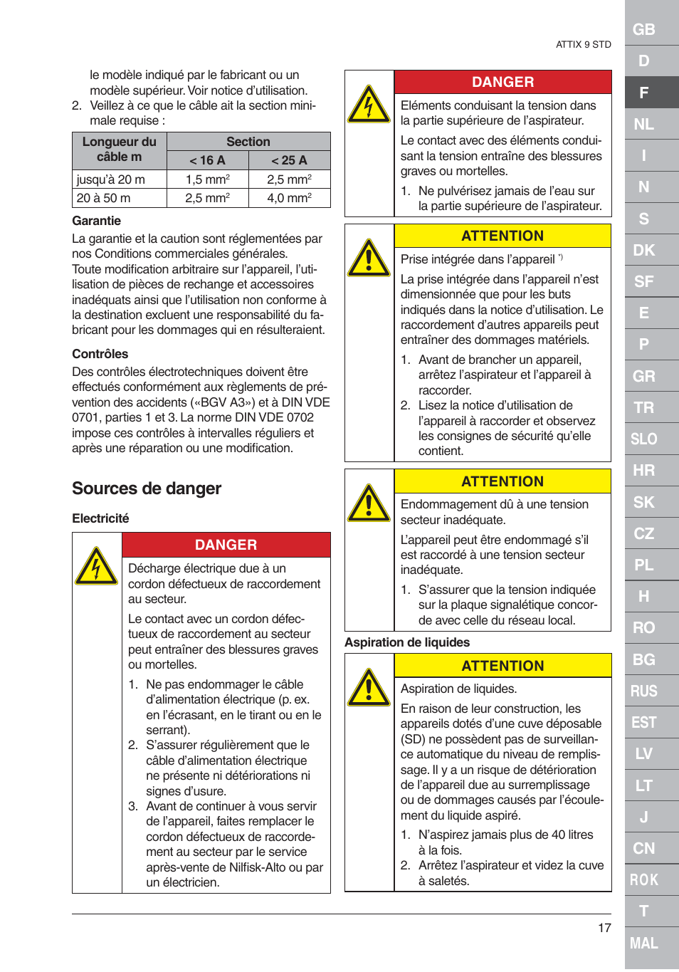 Sources de danger | Nilfisk-ALTO 961-01 User Manual | Page 17 / 105