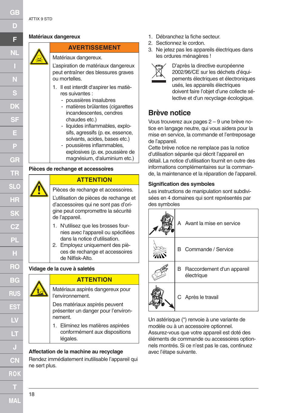 Brève notice | Nilfisk-ALTO 961-01 User Manual | Page 18 / 105