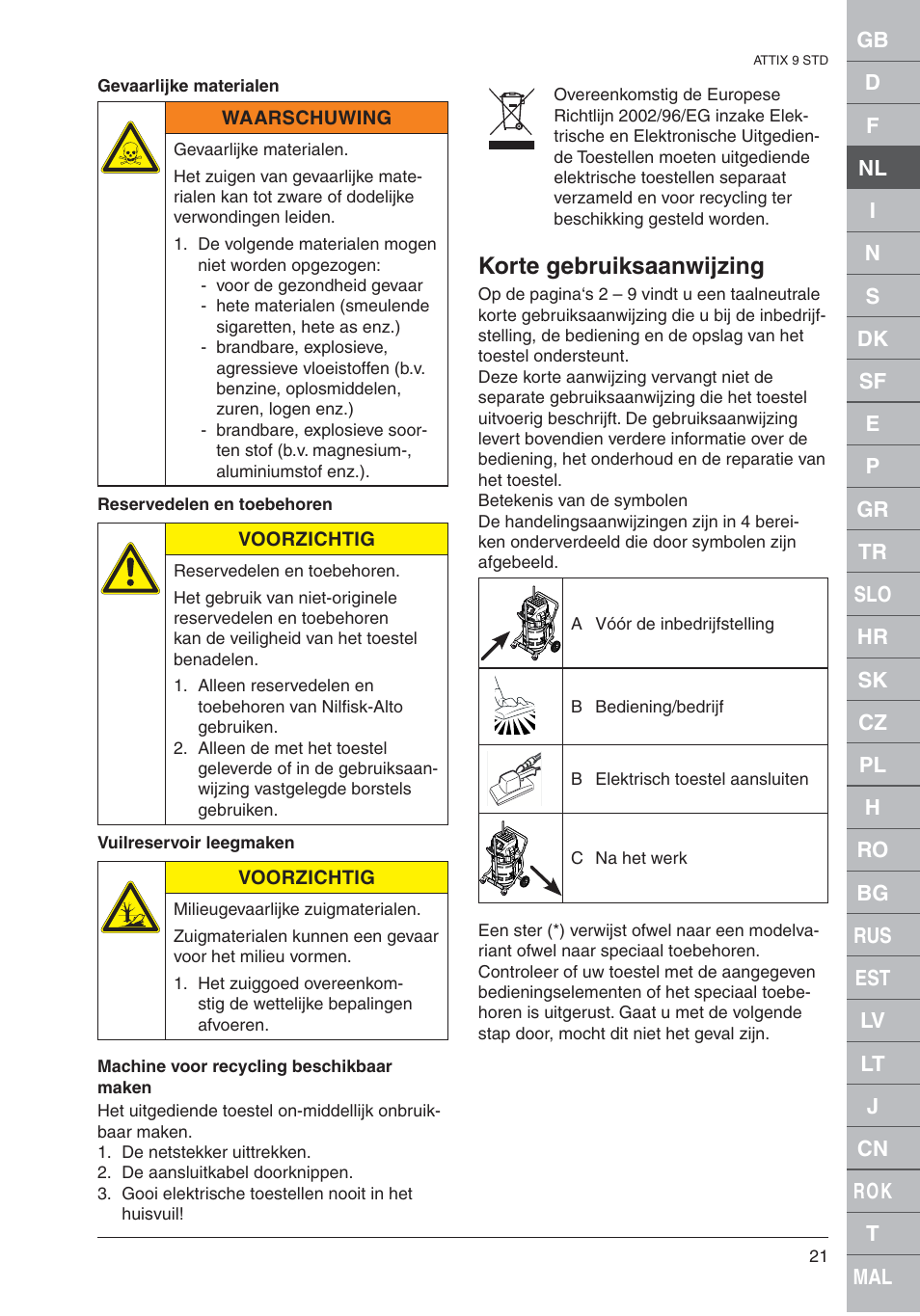 Korte gebruiksaanwijzing | Nilfisk-ALTO 961-01 User Manual | Page 21 / 105