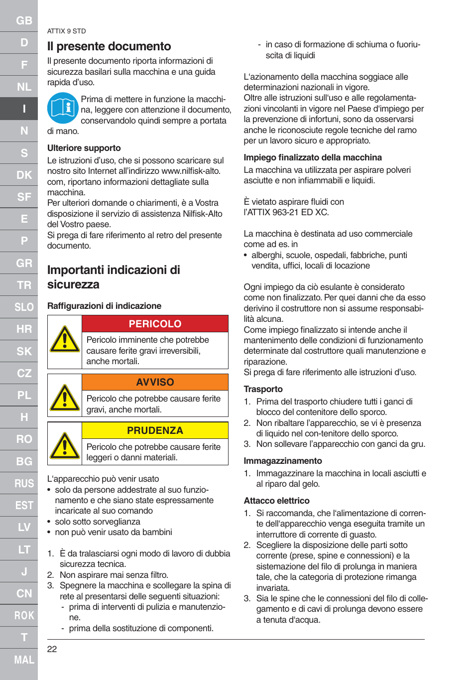 Il presente documento, Importanti indicazioni di sicurezza | Nilfisk-ALTO 961-01 User Manual | Page 22 / 105