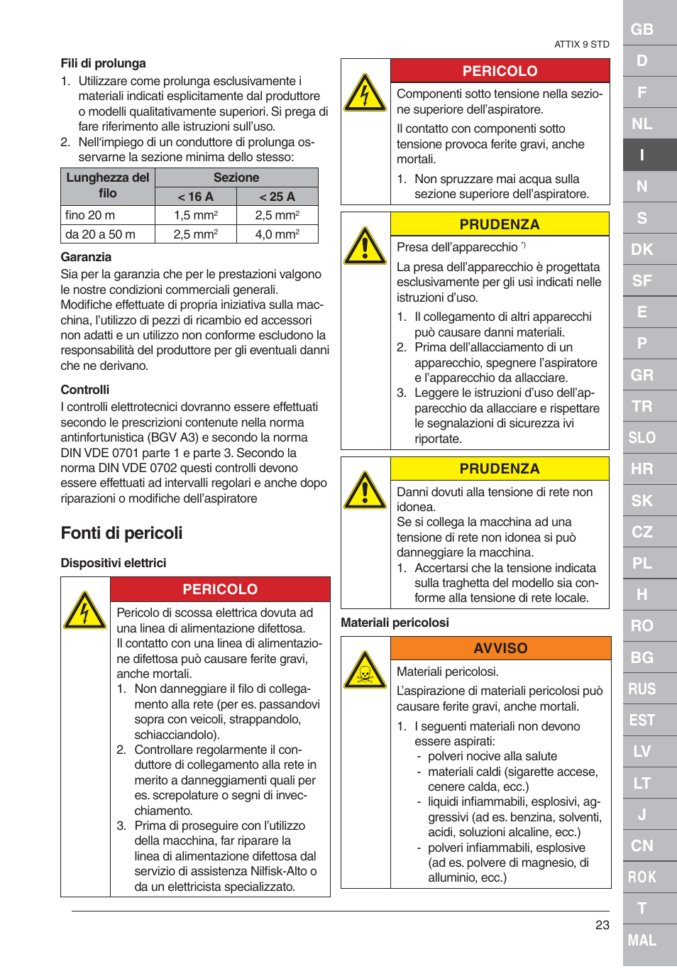 Fonti di pericoli | Nilfisk-ALTO 961-01 User Manual | Page 23 / 105