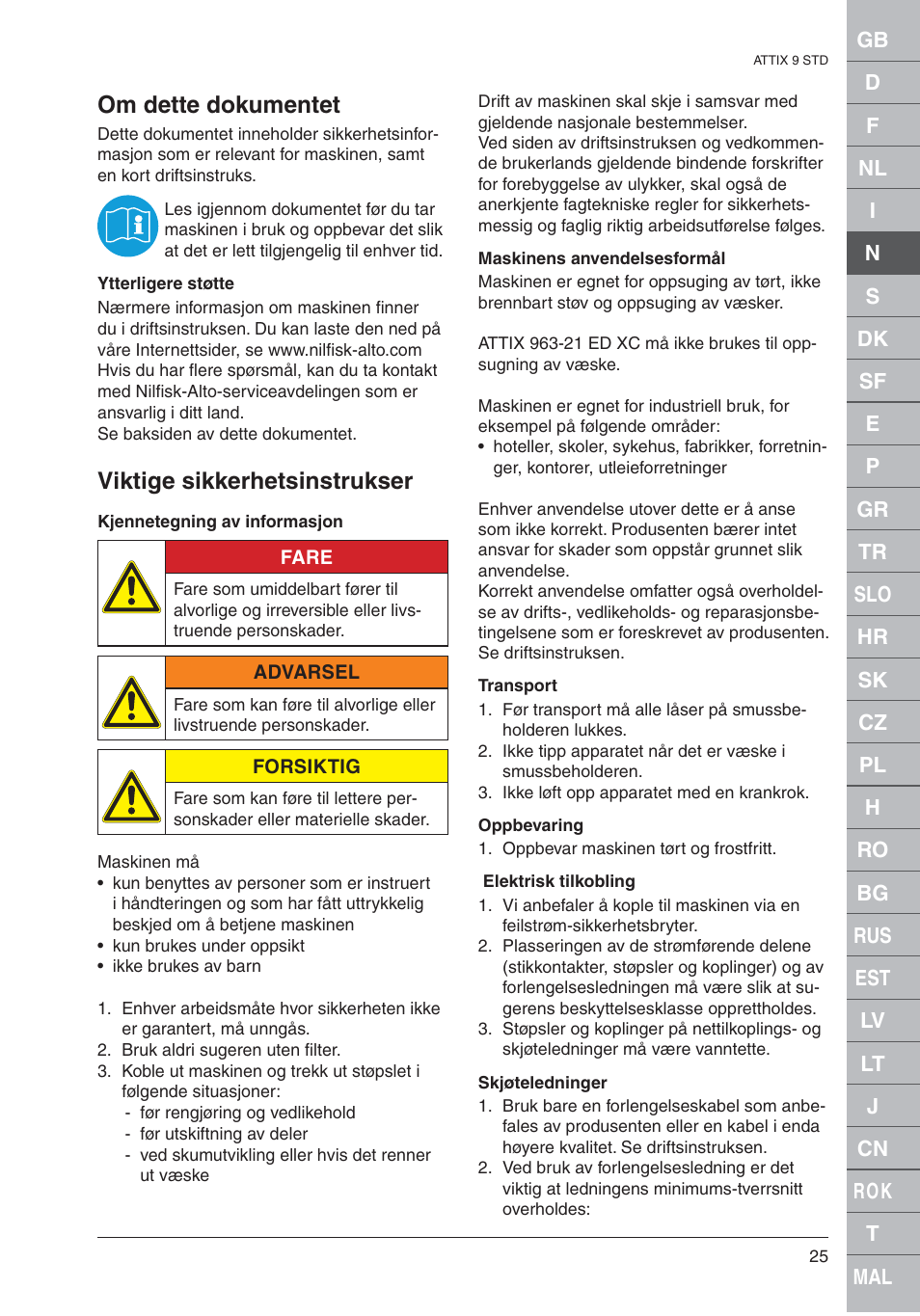 Om dette dokumentet, Viktige sikkerhetsinstrukser | Nilfisk-ALTO 961-01 User Manual | Page 25 / 105