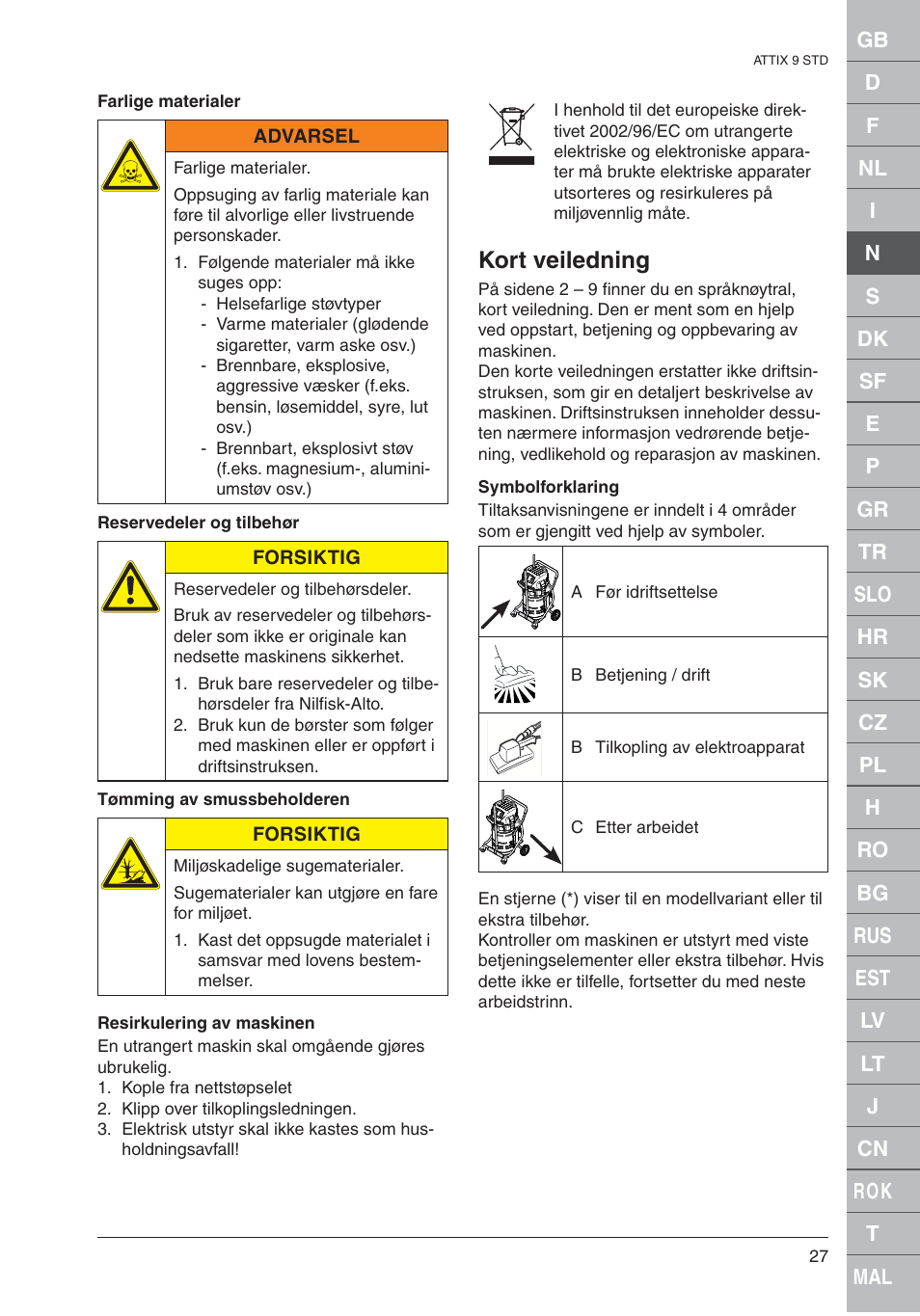 Kort veiledning | Nilfisk-ALTO 961-01 User Manual | Page 27 / 105