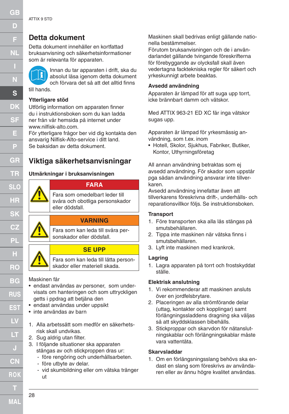 Detta dokument, Viktiga säkerhetsanvisningar | Nilfisk-ALTO 961-01 User Manual | Page 28 / 105