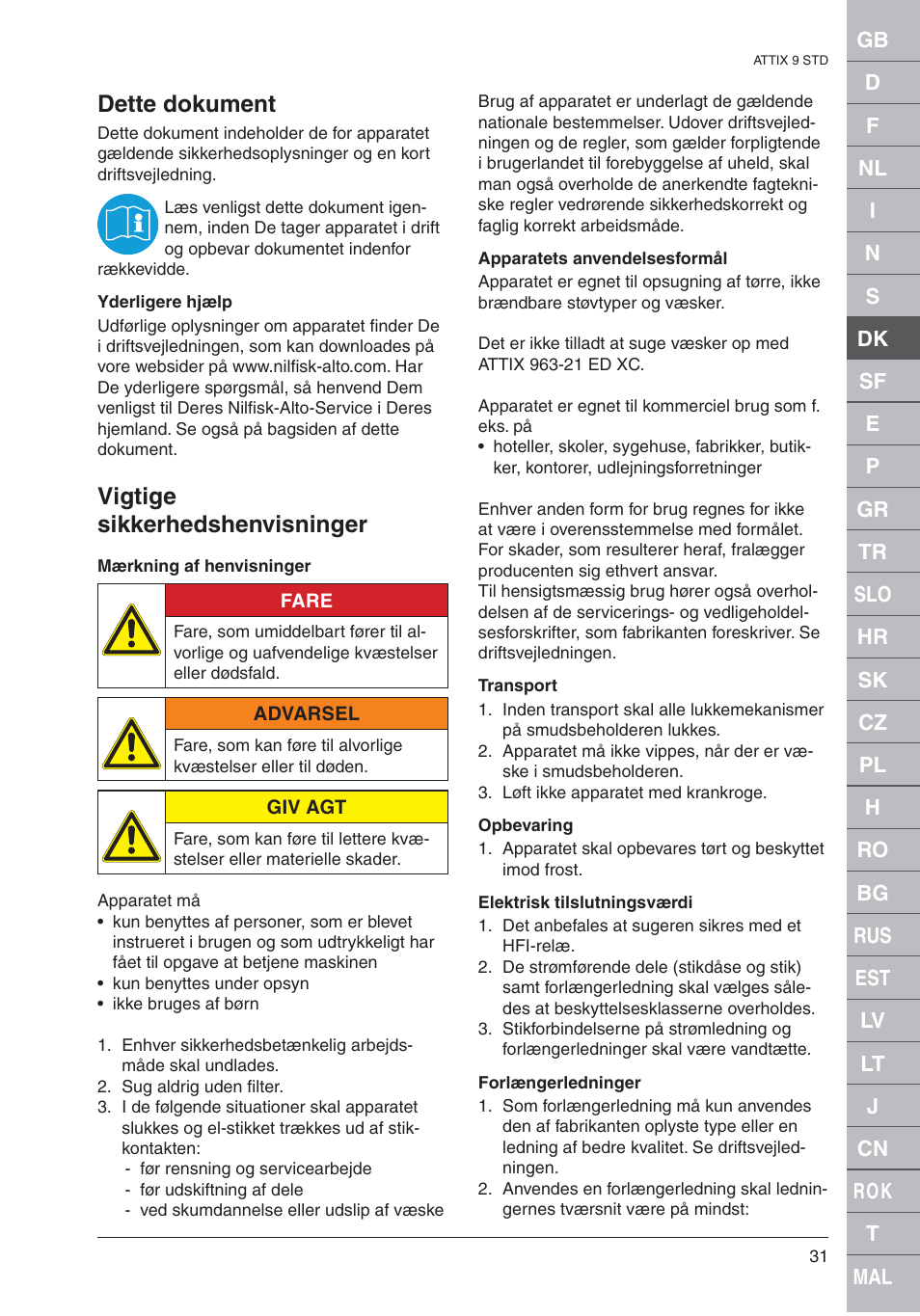 Dette dokument, Vigtige sikkerhedshenvisninger | Nilfisk-ALTO 961-01 User Manual | Page 31 / 105