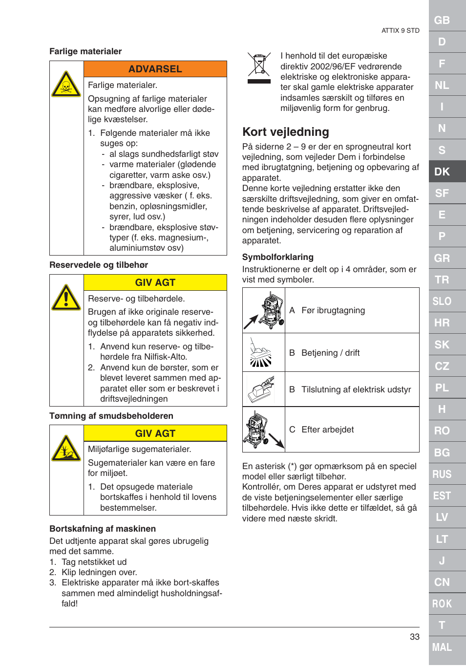 Kort vejledning | Nilfisk-ALTO 961-01 User Manual | Page 33 / 105