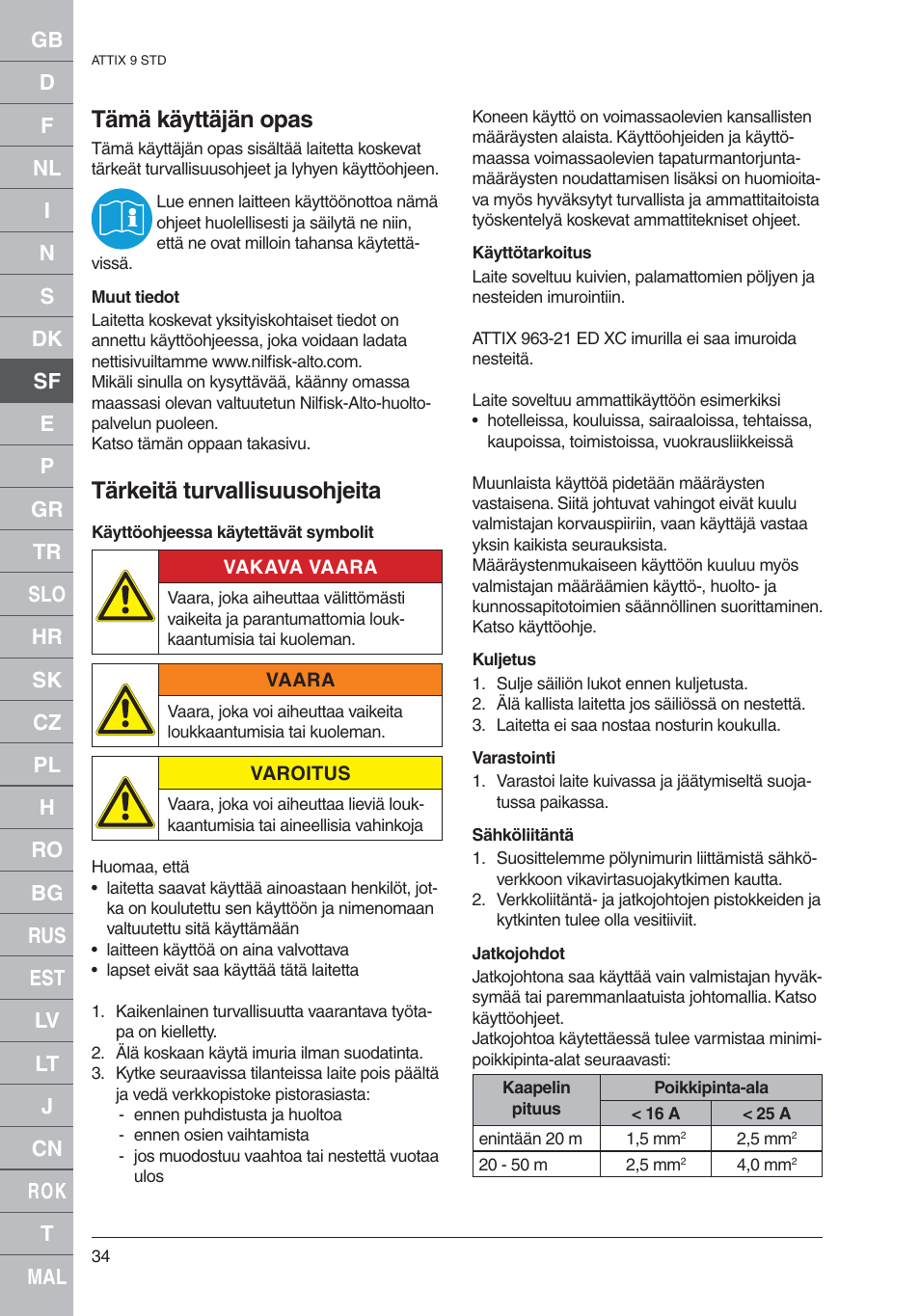 Tämä käyttäjän opas, Tärkeitä turvallisuusohjeita | Nilfisk-ALTO 961-01 User Manual | Page 34 / 105