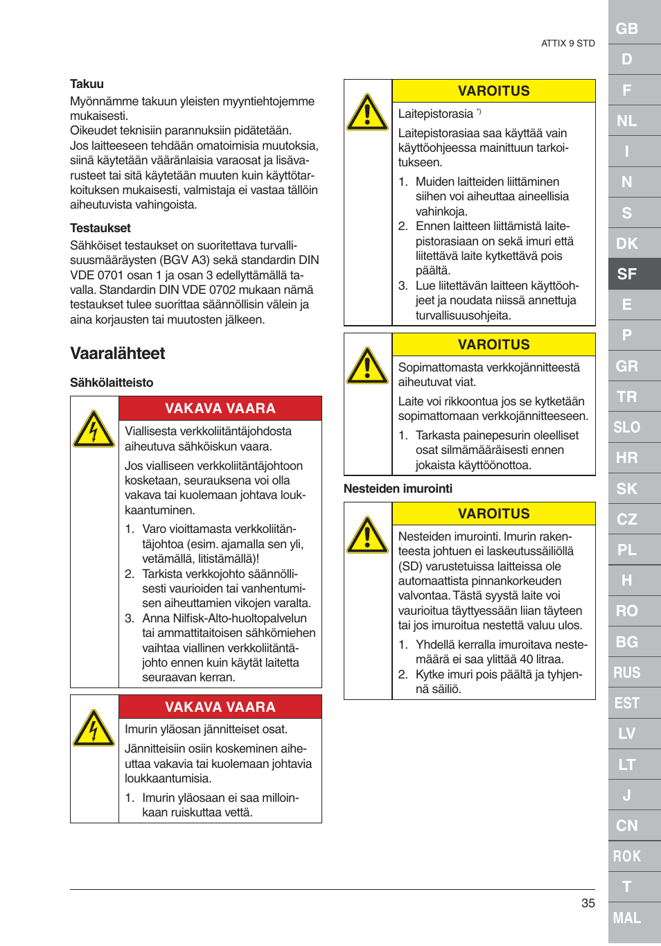 Vaaralähteet | Nilfisk-ALTO 961-01 User Manual | Page 35 / 105