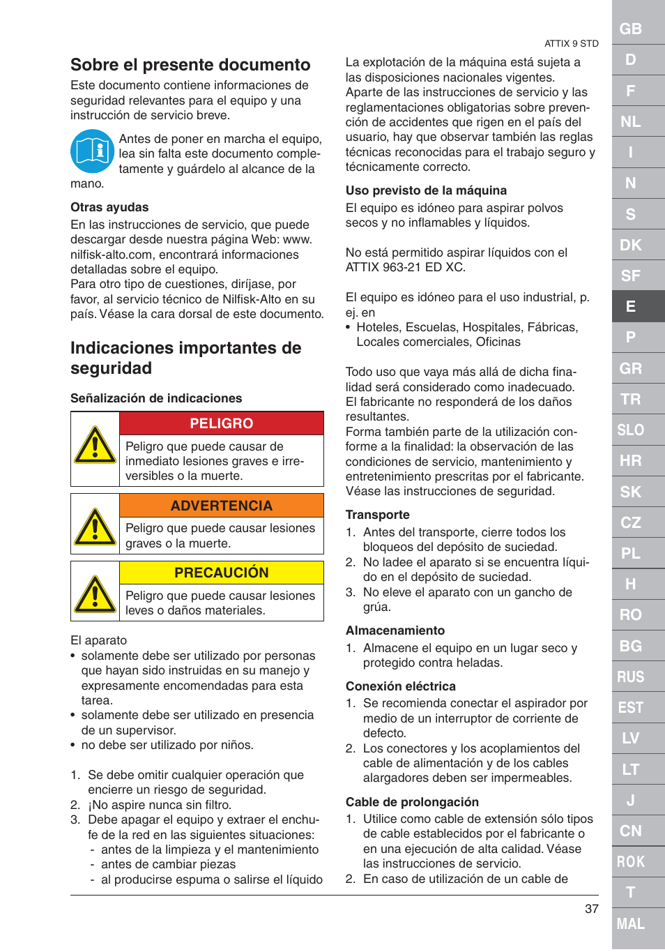 Sobre el presente documento, Indicaciones importantes de seguridad | Nilfisk-ALTO 961-01 User Manual | Page 37 / 105