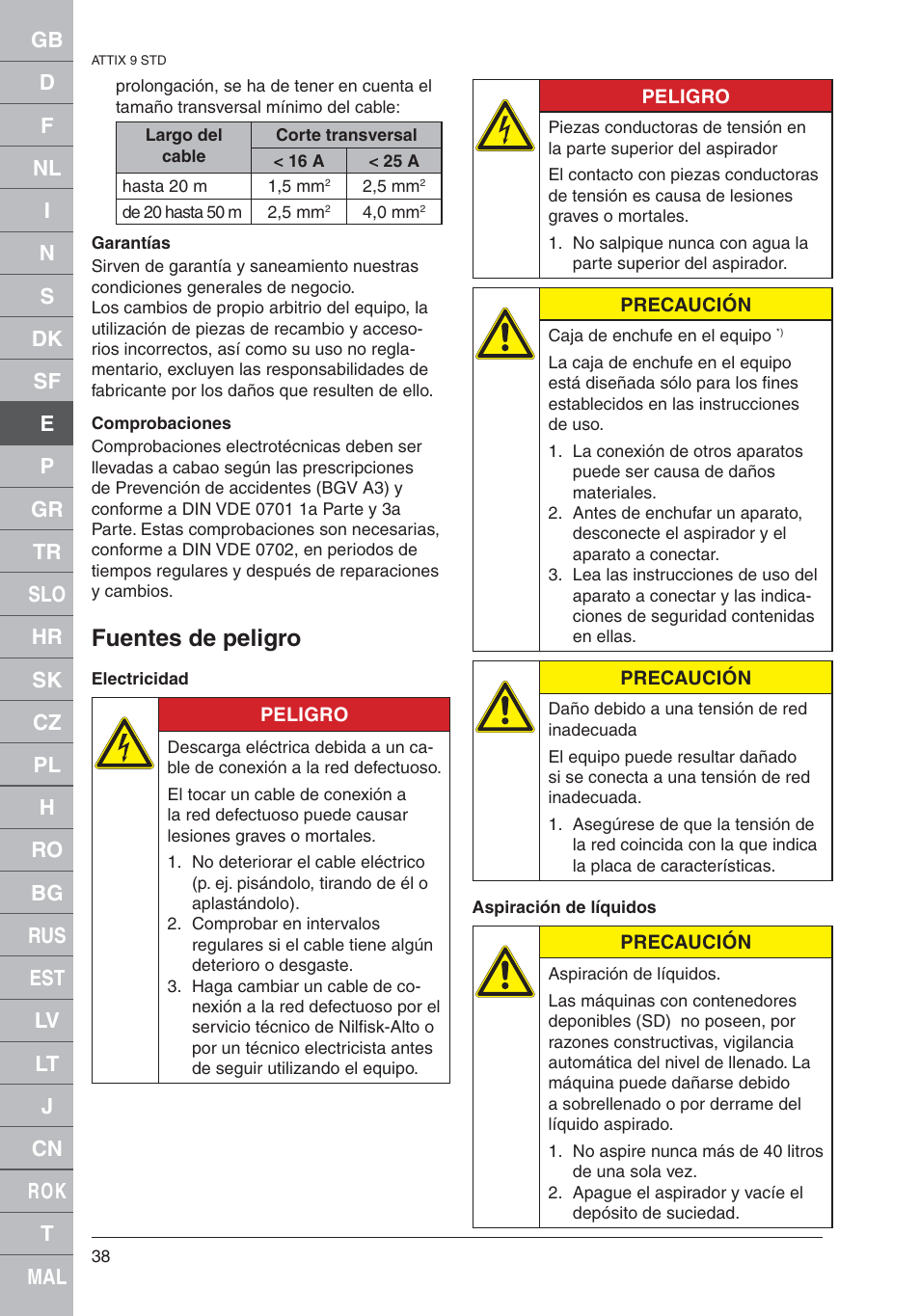 Fuentes de peligro | Nilfisk-ALTO 961-01 User Manual | Page 38 / 105