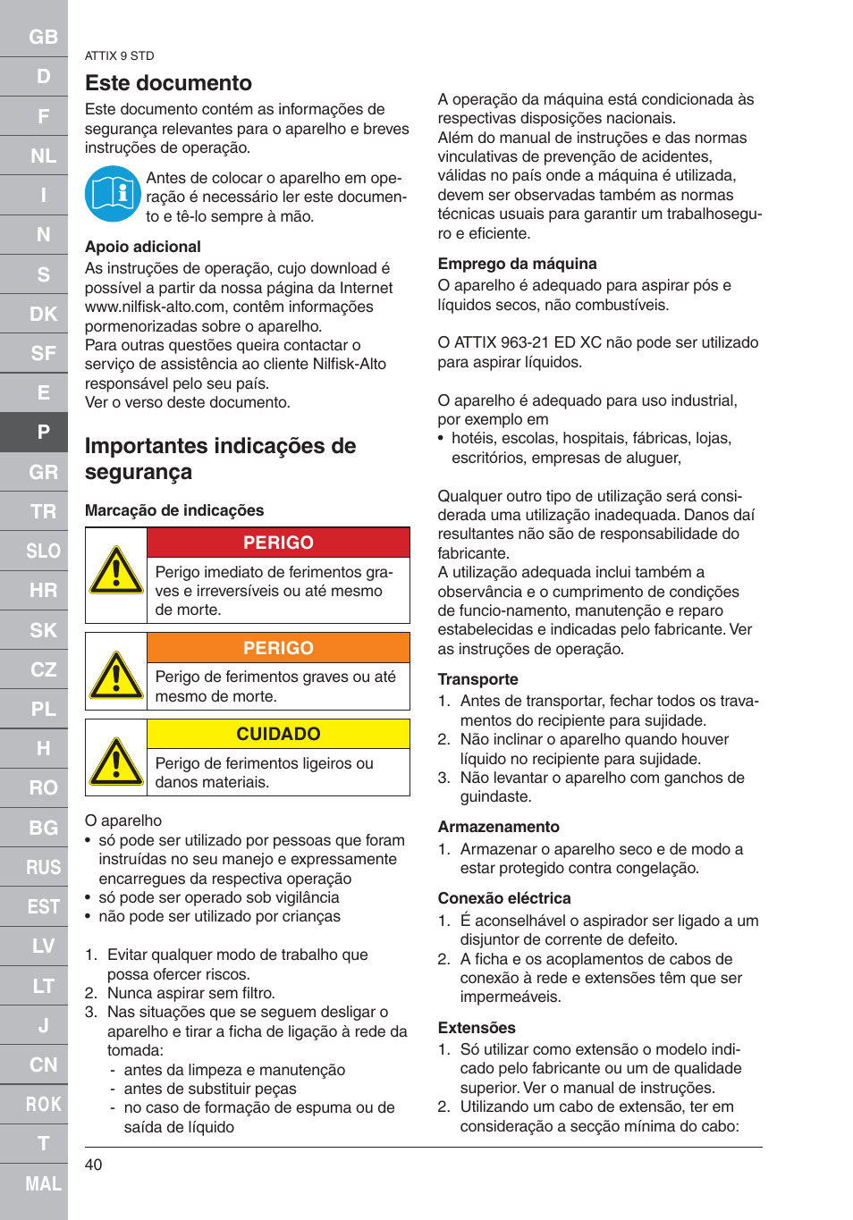 Este documento, Importantes indicações de segurança | Nilfisk-ALTO 961-01 User Manual | Page 40 / 105