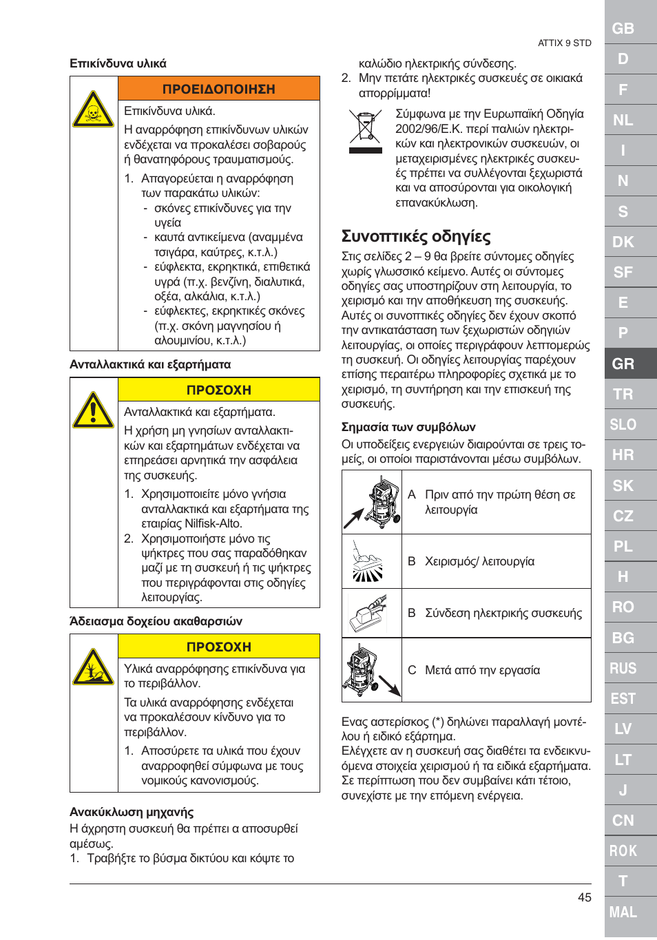 Συνοπτικές οδηγίες | Nilfisk-ALTO 961-01 User Manual | Page 45 / 105