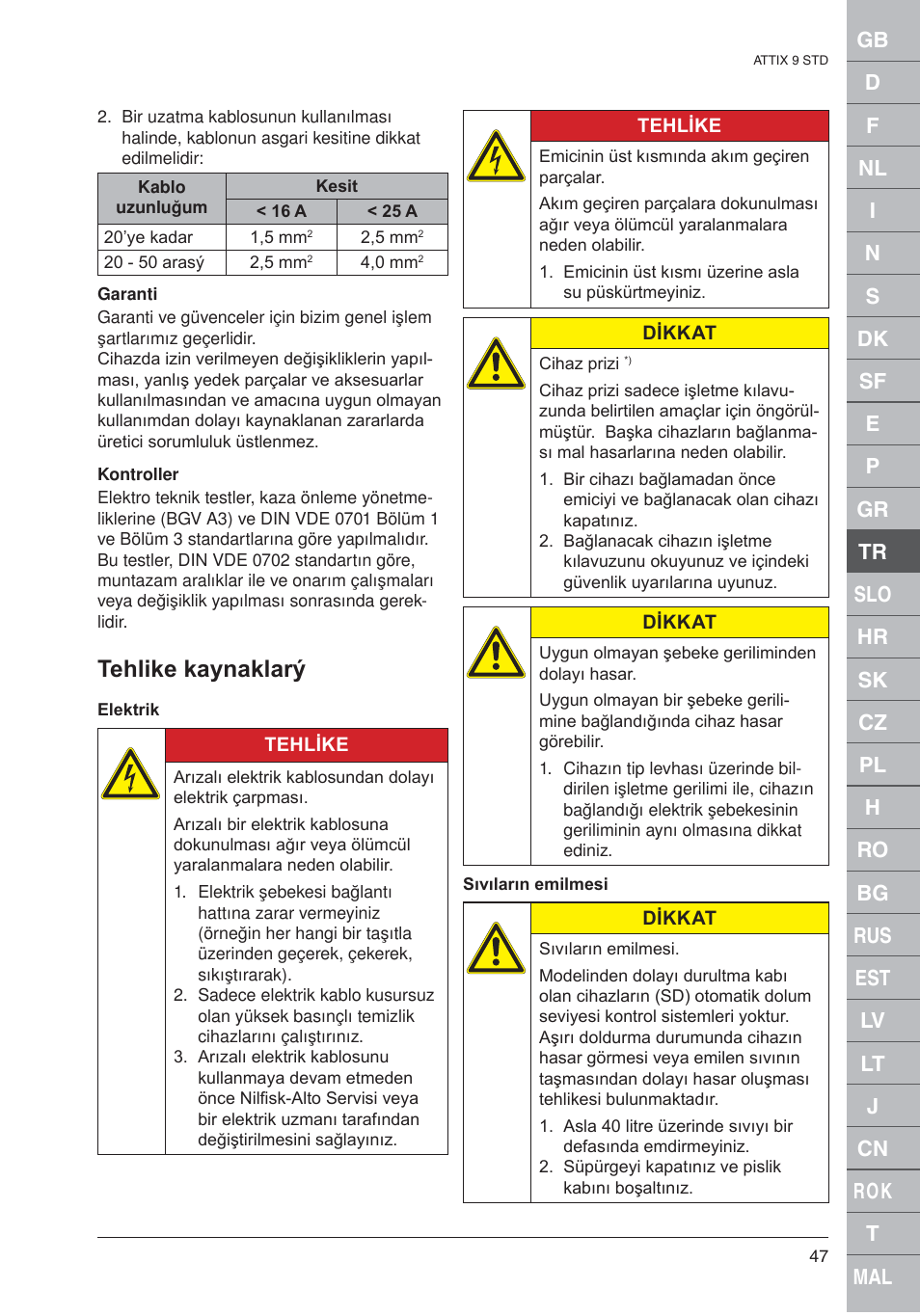 Tehlike kaynaklarý | Nilfisk-ALTO 961-01 User Manual | Page 47 / 105