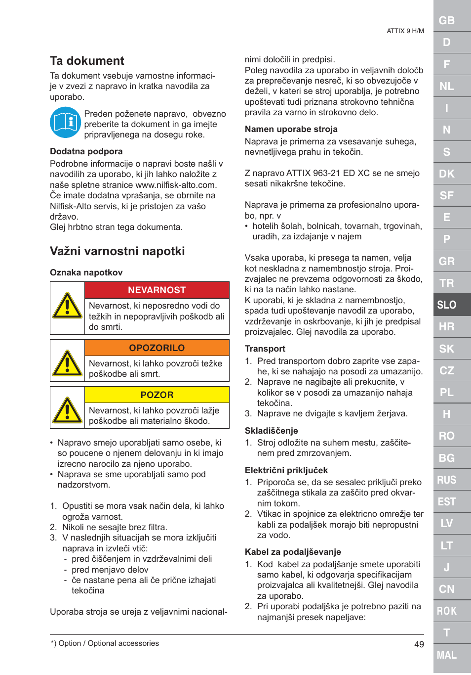 Ta dokument, Važni varnostni napotki | Nilfisk-ALTO 961-01 User Manual | Page 49 / 105