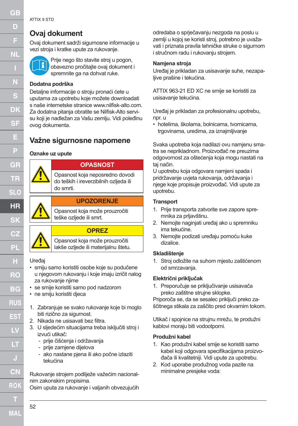 Ovaj dokument, Važne sigurnosne napomene | Nilfisk-ALTO 961-01 User Manual | Page 52 / 105