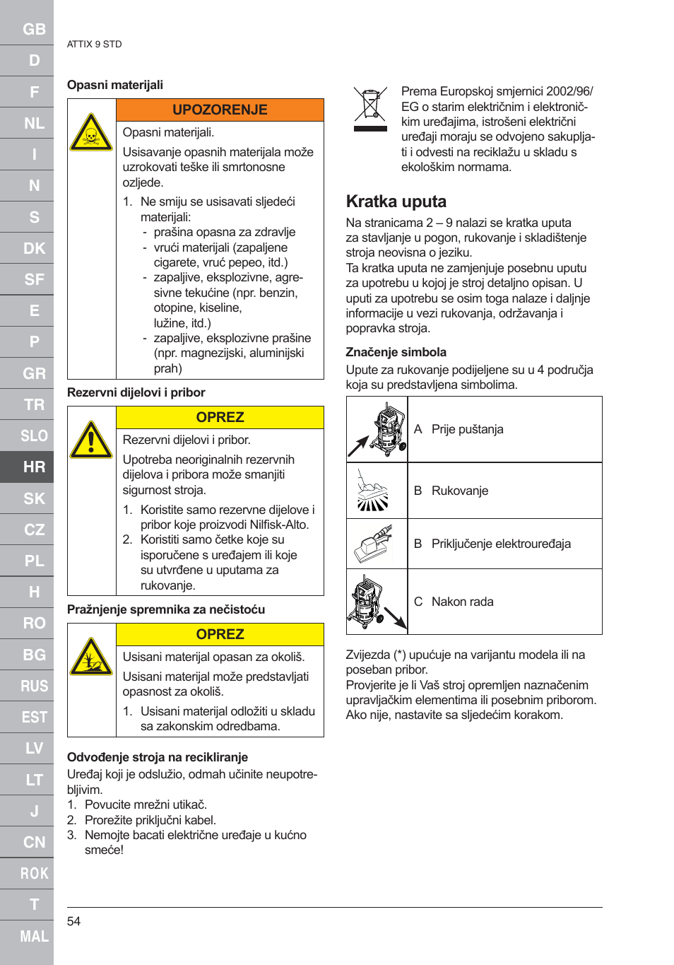 Kratka uputa | Nilfisk-ALTO 961-01 User Manual | Page 54 / 105