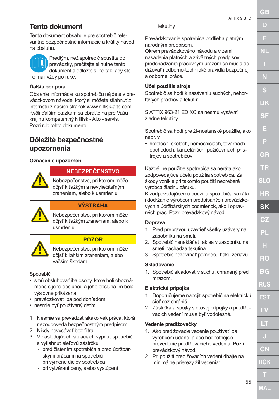 Tento dokument, Dôležité bezpečnostné upozornenia | Nilfisk-ALTO 961-01 User Manual | Page 55 / 105