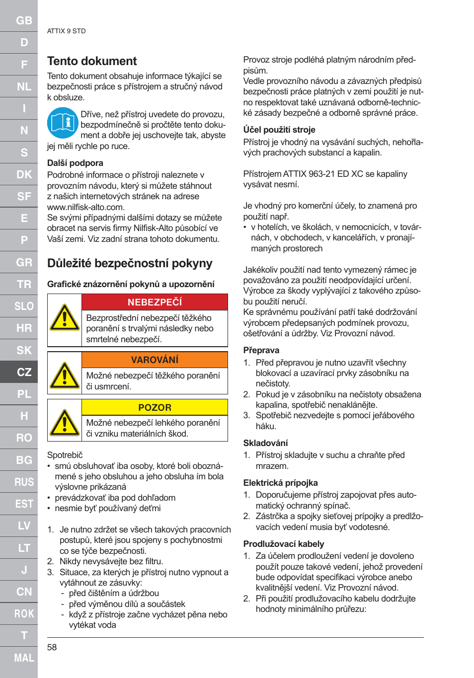 Tento dokument, Důležité bezpečnostní pokyny | Nilfisk-ALTO 961-01 User Manual | Page 58 / 105