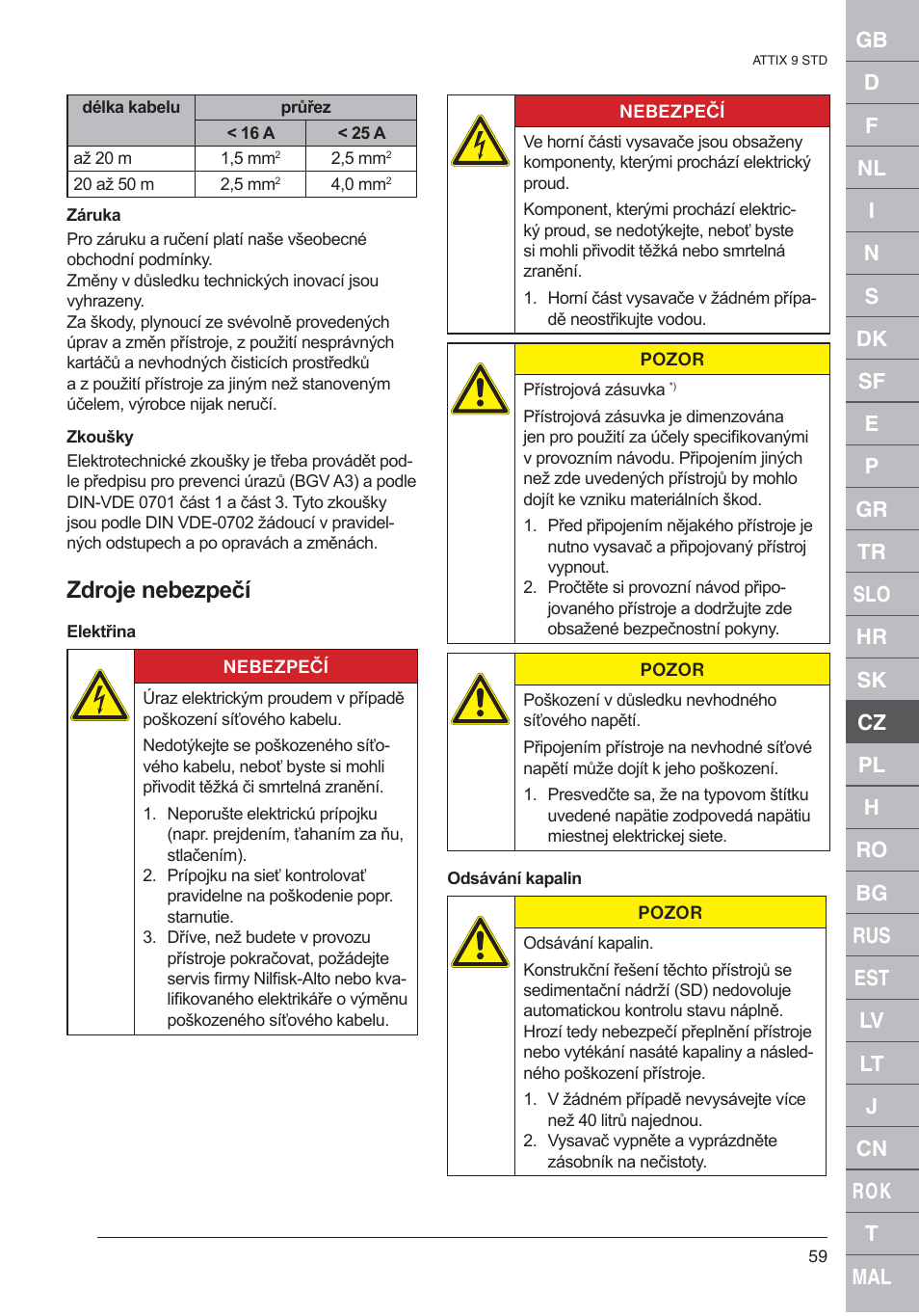 Zdroje nebezpečí | Nilfisk-ALTO 961-01 User Manual | Page 59 / 105