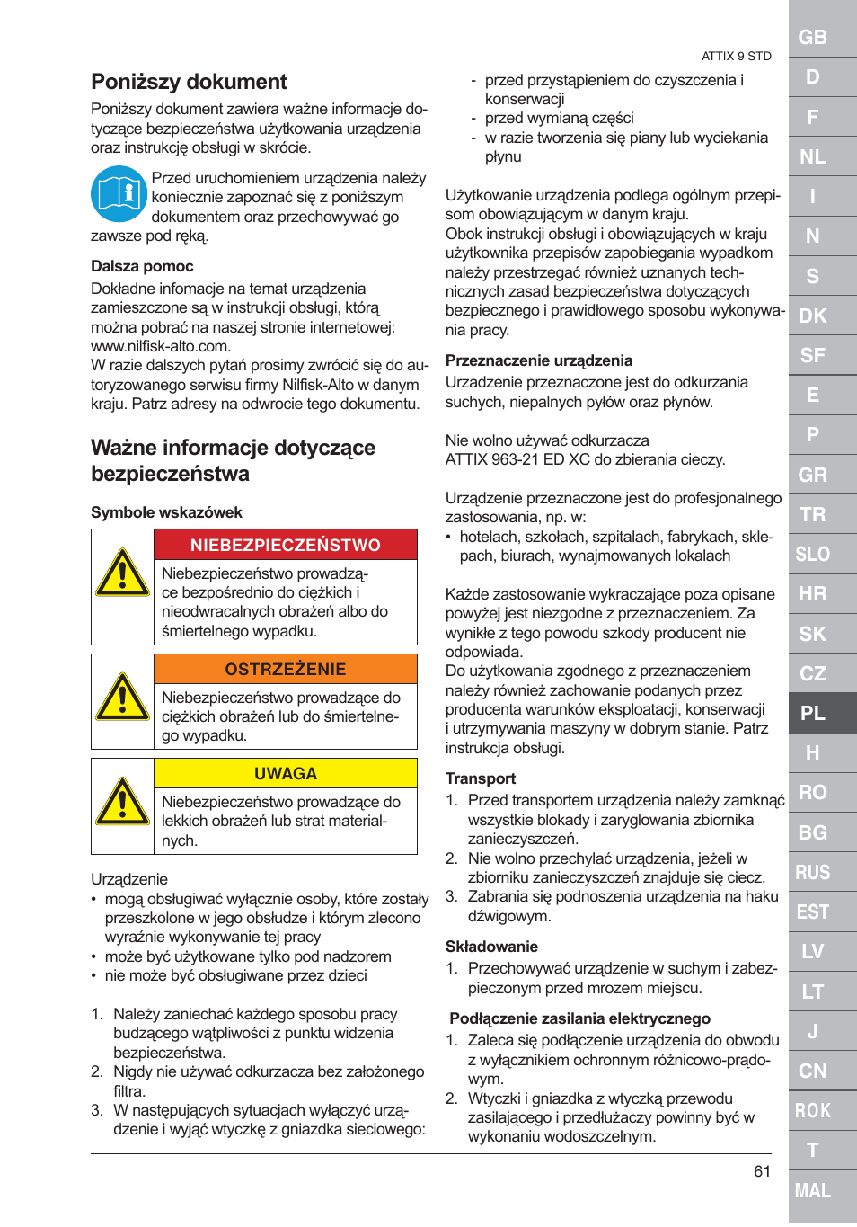 Poniższy dokument, Ważne informacje dotyczące bezpieczeństwa | Nilfisk-ALTO 961-01 User Manual | Page 61 / 105