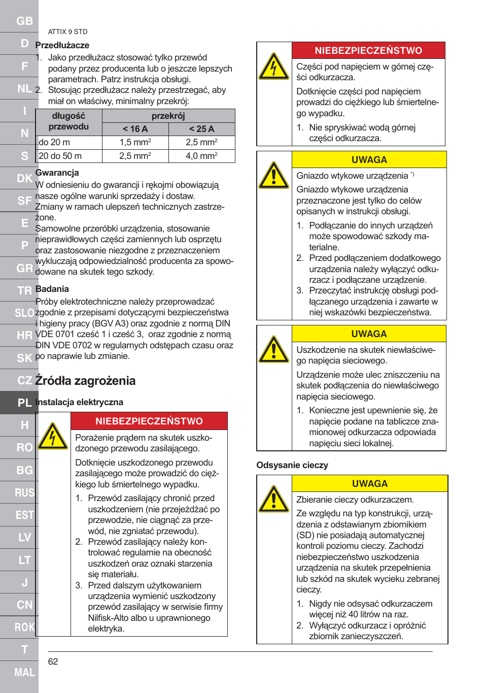 Źródła zagrożenia | Nilfisk-ALTO 961-01 User Manual | Page 62 / 105