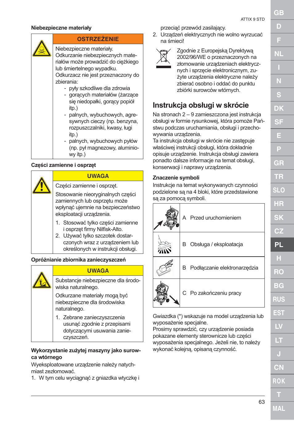 Instrukcja obsługi w skrócie | Nilfisk-ALTO 961-01 User Manual | Page 63 / 105