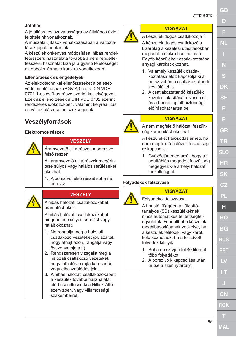 Veszélyforrások | Nilfisk-ALTO 961-01 User Manual | Page 65 / 105