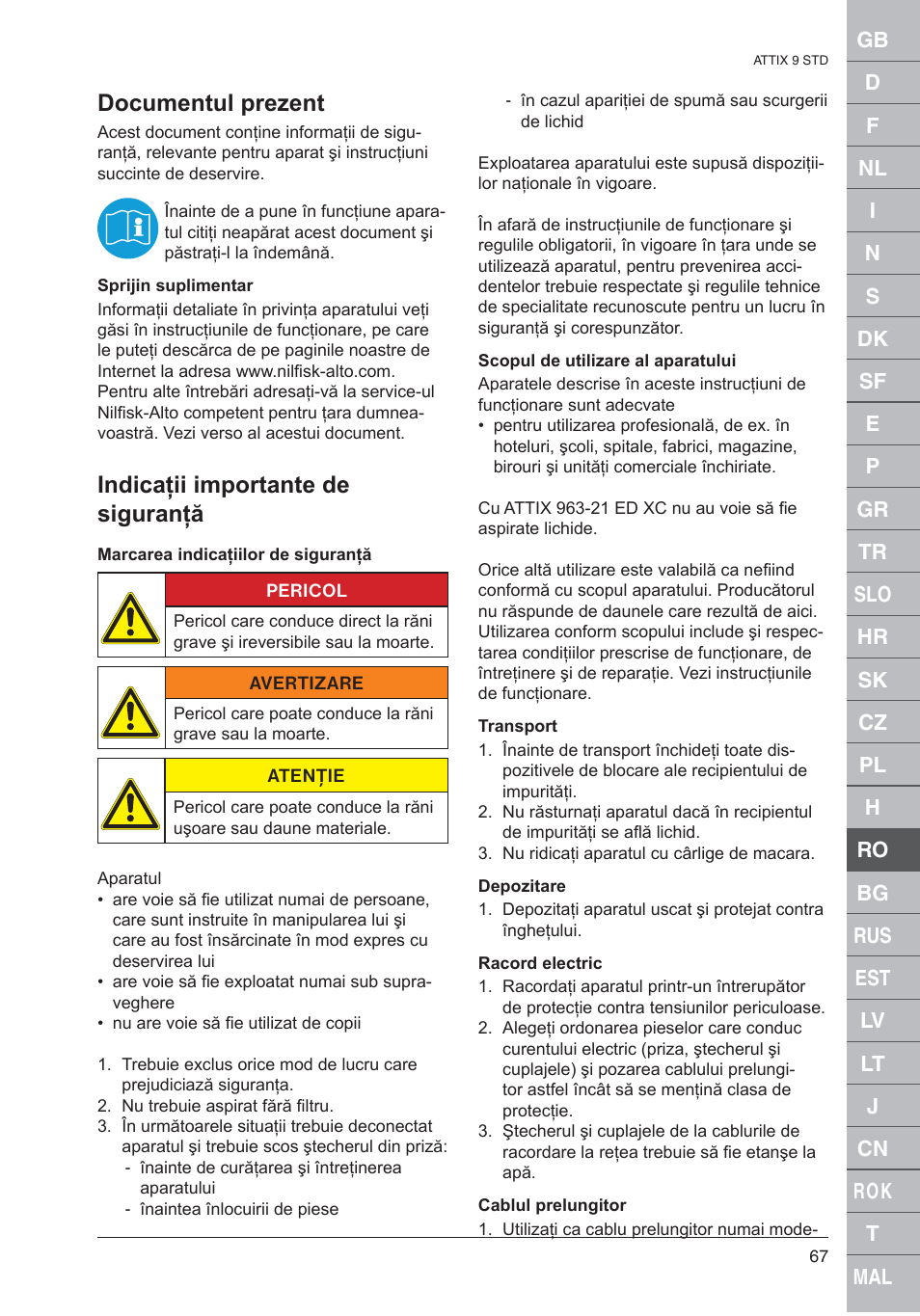 Documentul prezent, Indicaţii importante de siguranţă | Nilfisk-ALTO 961-01 User Manual | Page 67 / 105