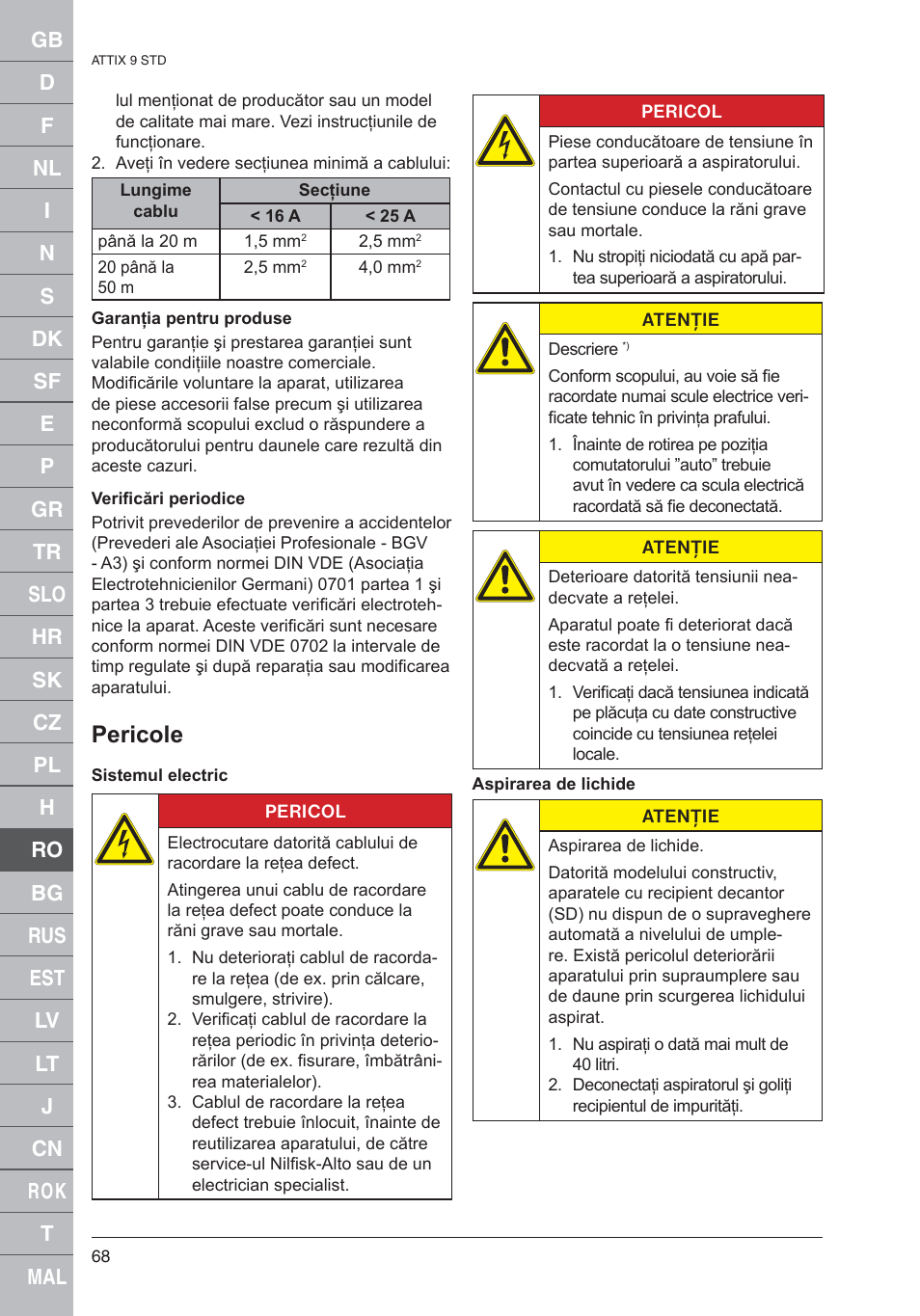 Pericole | Nilfisk-ALTO 961-01 User Manual | Page 68 / 105