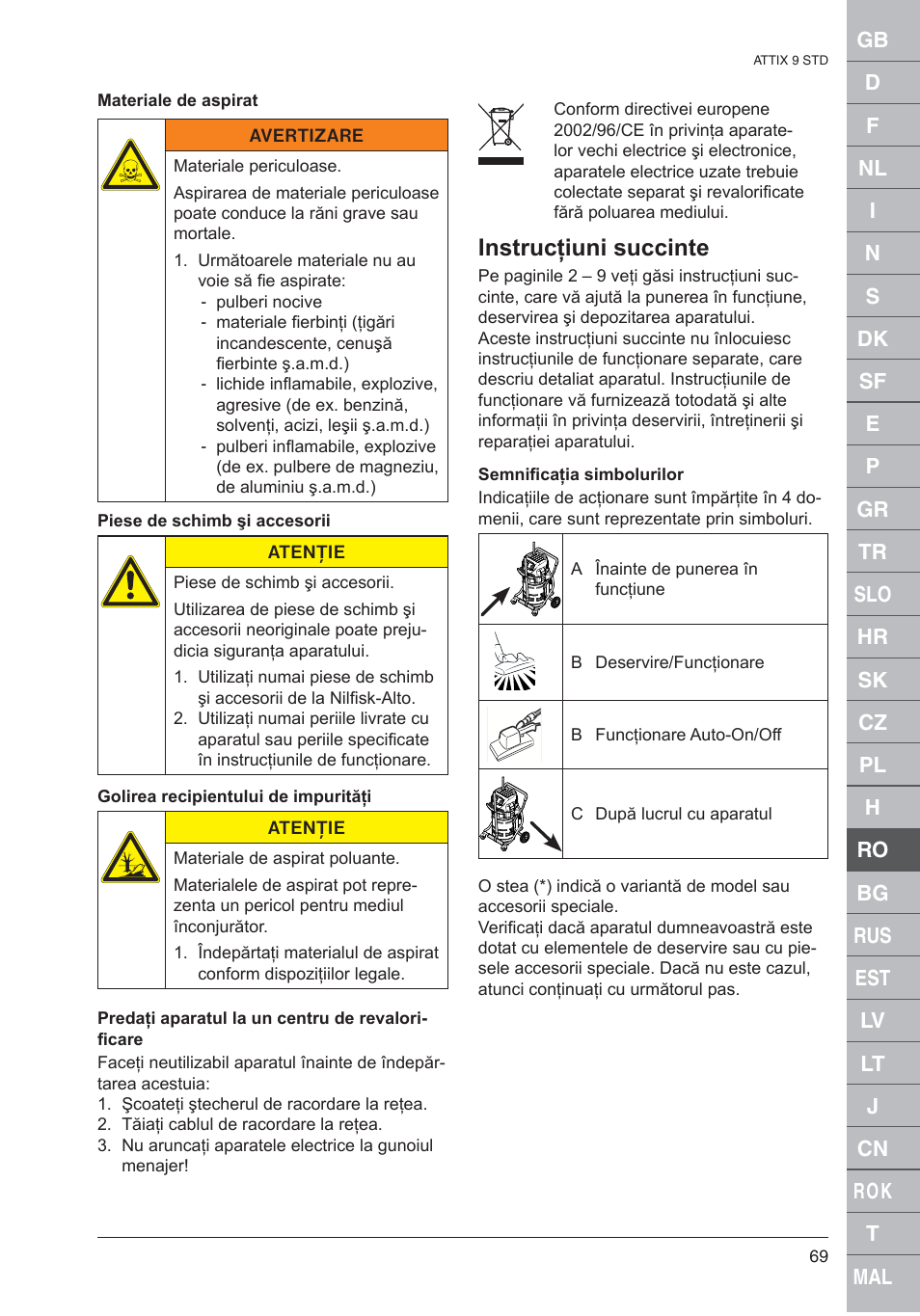 Instrucţiuni succinte | Nilfisk-ALTO 961-01 User Manual | Page 69 / 105