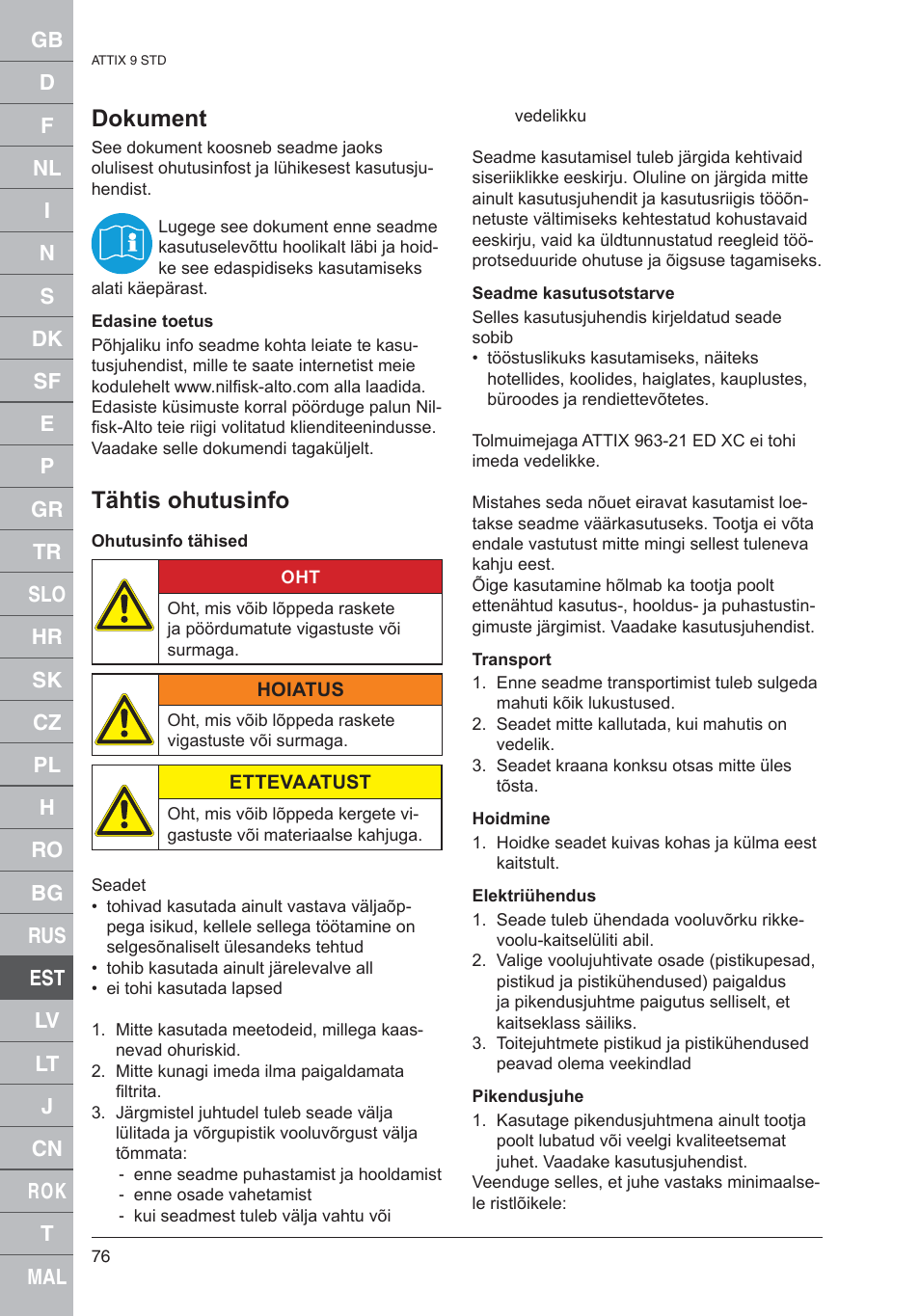 Dokument, Tähtis ohutusinfo | Nilfisk-ALTO 961-01 User Manual | Page 76 / 105