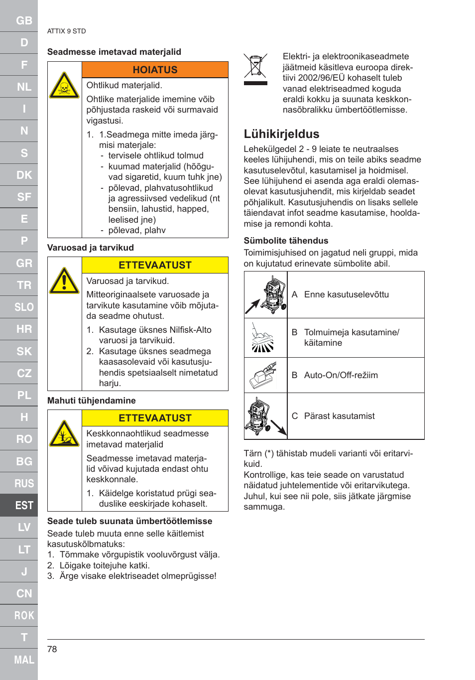 Lühikirjeldus | Nilfisk-ALTO 961-01 User Manual | Page 78 / 105