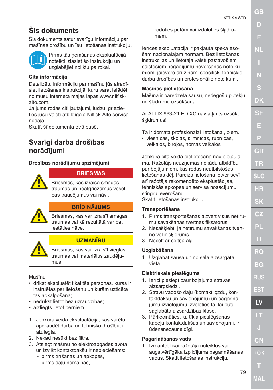 Šis dokuments, Svarīgi darba drošības norādījumi | Nilfisk-ALTO 961-01 User Manual | Page 79 / 105