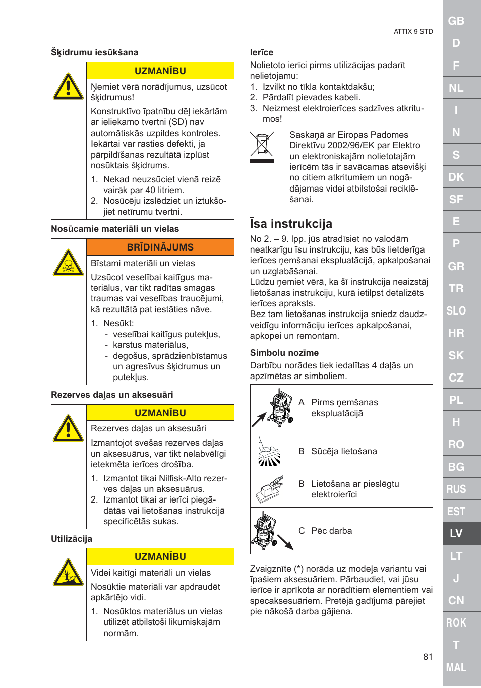 Īsa instrukcija | Nilfisk-ALTO 961-01 User Manual | Page 81 / 105