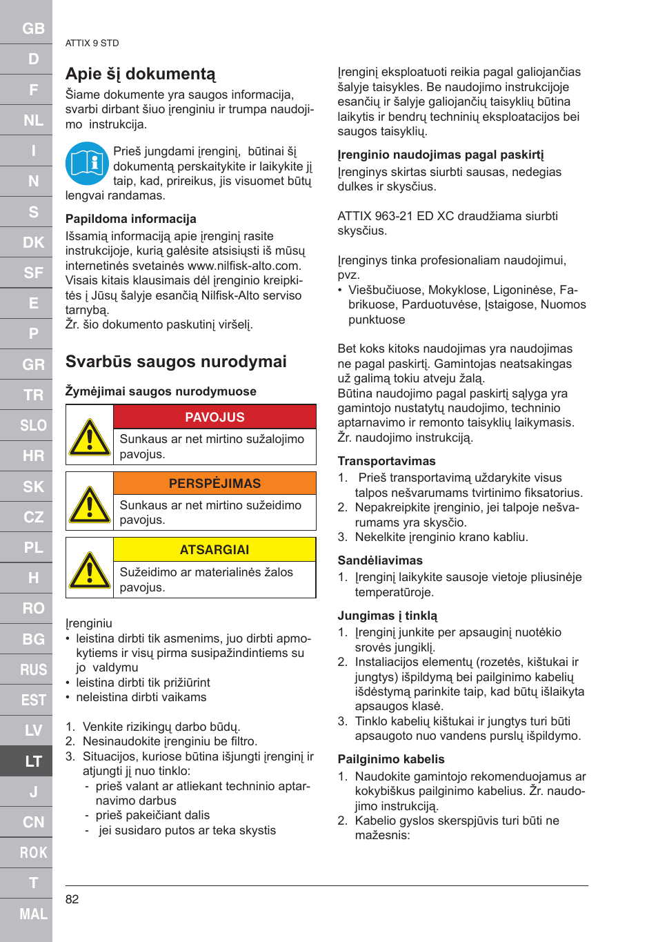 Apie šį dokumentą, Svarbūs saugos nurodymai | Nilfisk-ALTO 961-01 User Manual | Page 82 / 105