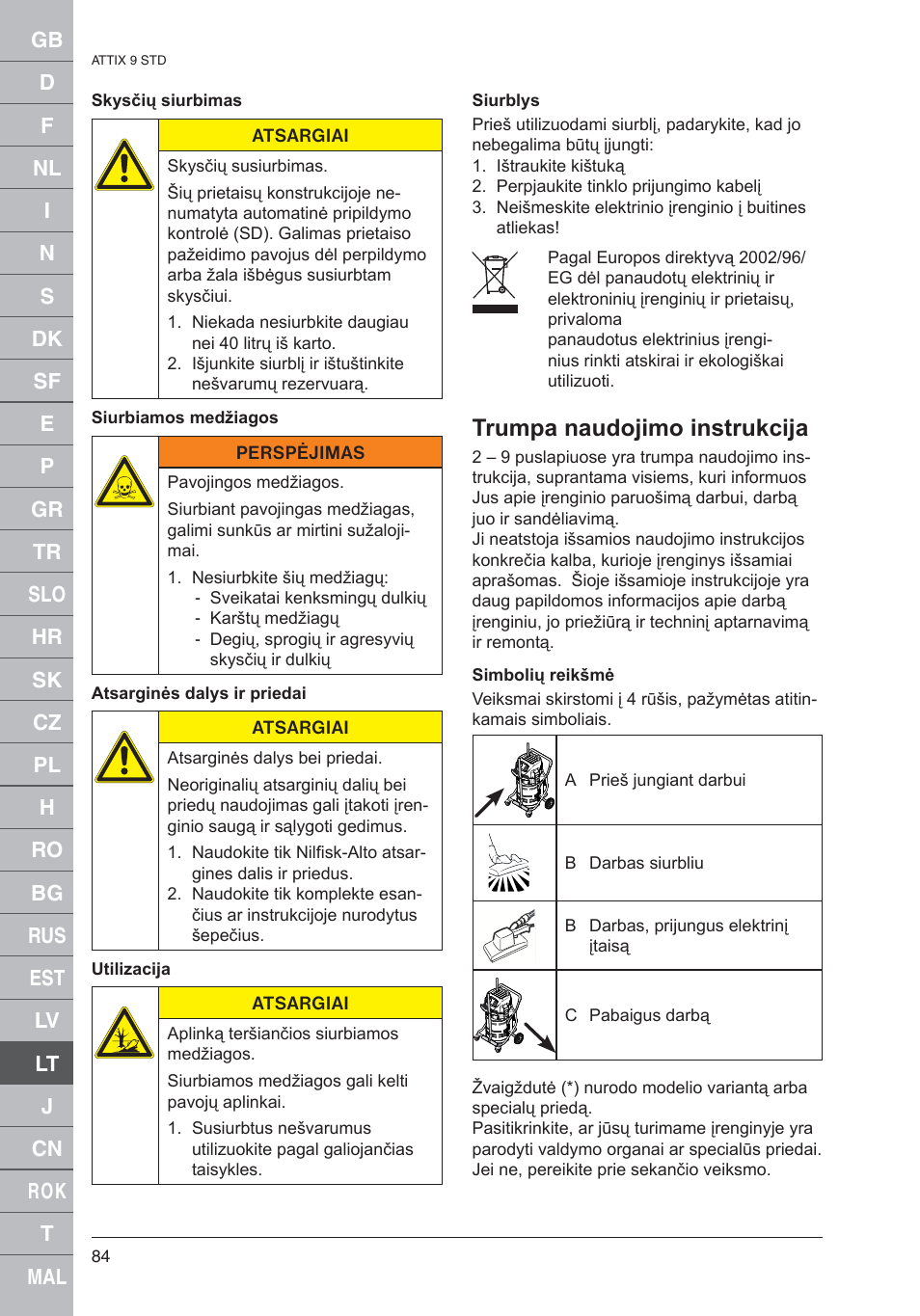 Trumpa naudojimo instrukcija | Nilfisk-ALTO 961-01 User Manual | Page 84 / 105