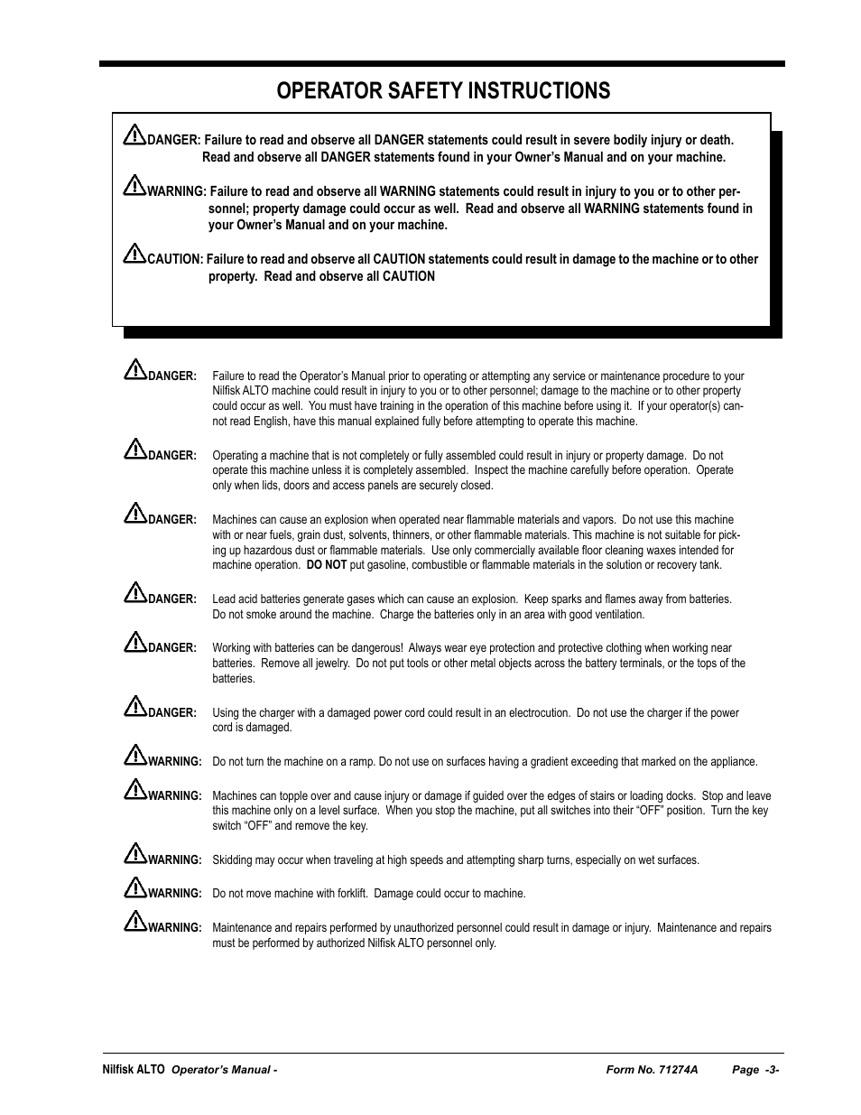 Operator safety instructions | Nilfisk-ALTO SCRUBTEC 571 User Manual | Page 3 / 76