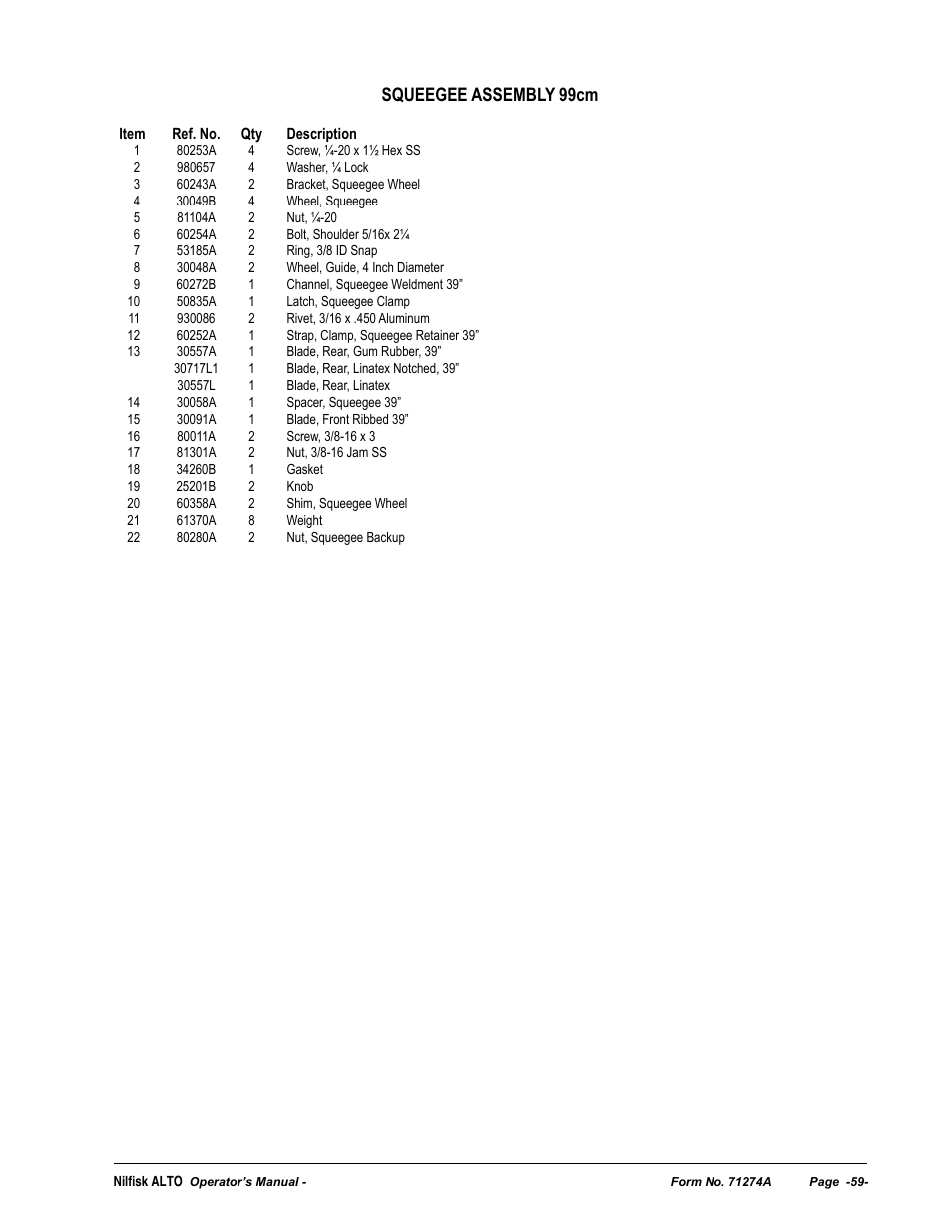 Squeegee assembly 99cm | Nilfisk-ALTO SCRUBTEC 571 User Manual | Page 59 / 76