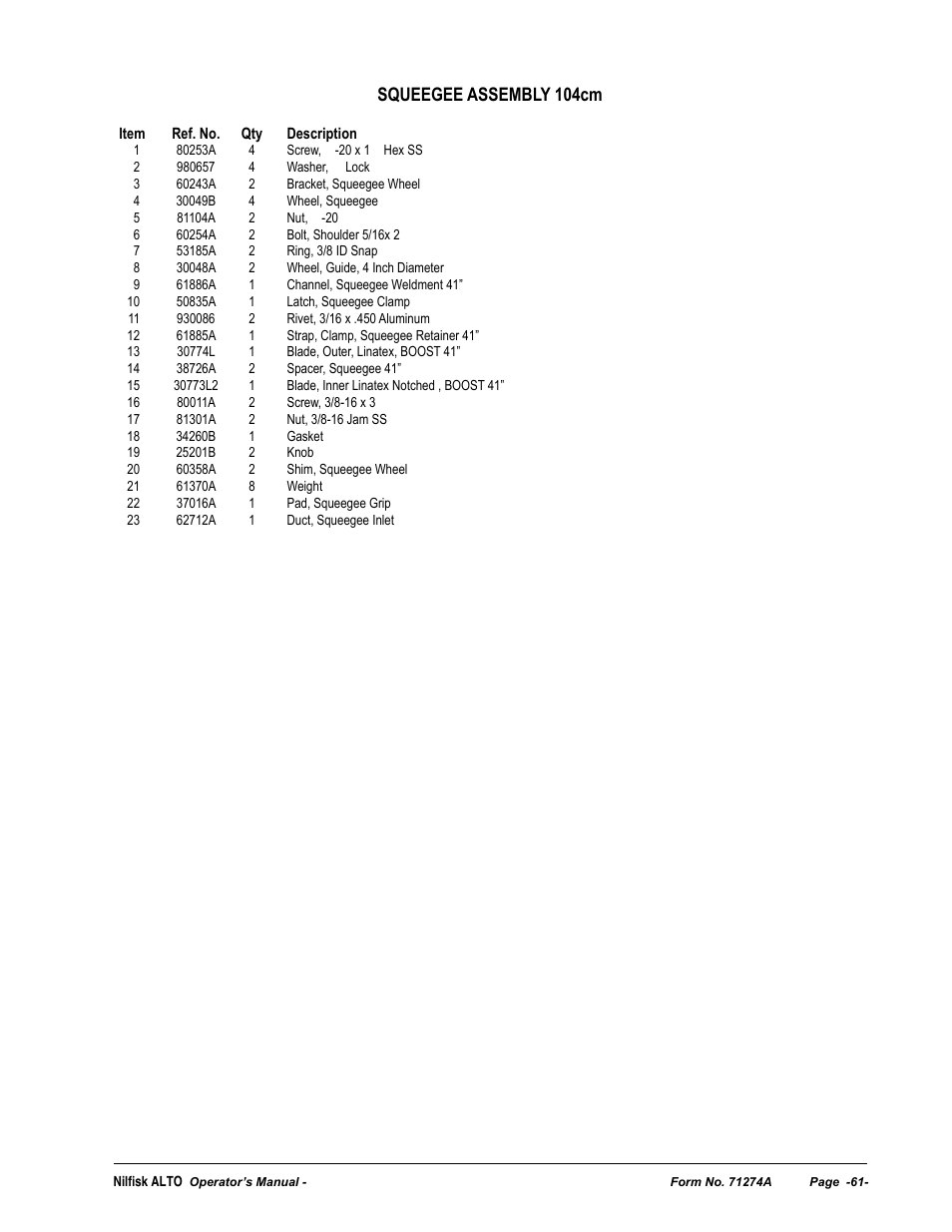 Squeegee assembly 104cm | Nilfisk-ALTO SCRUBTEC 571 User Manual | Page 61 / 76