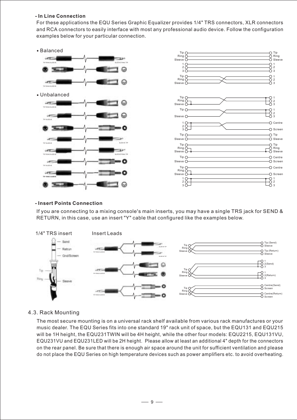 Rack mounting, Balanced unbalanced, 1/4" trs insert | Nilfisk-ALTO EQU User Manual | Page 10 / 14