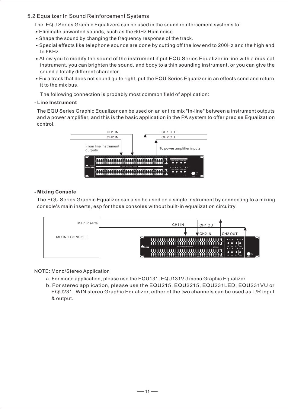 2 equalizer in sound reinforcement systems, Line instrument | Nilfisk-ALTO EQU User Manual | Page 12 / 14