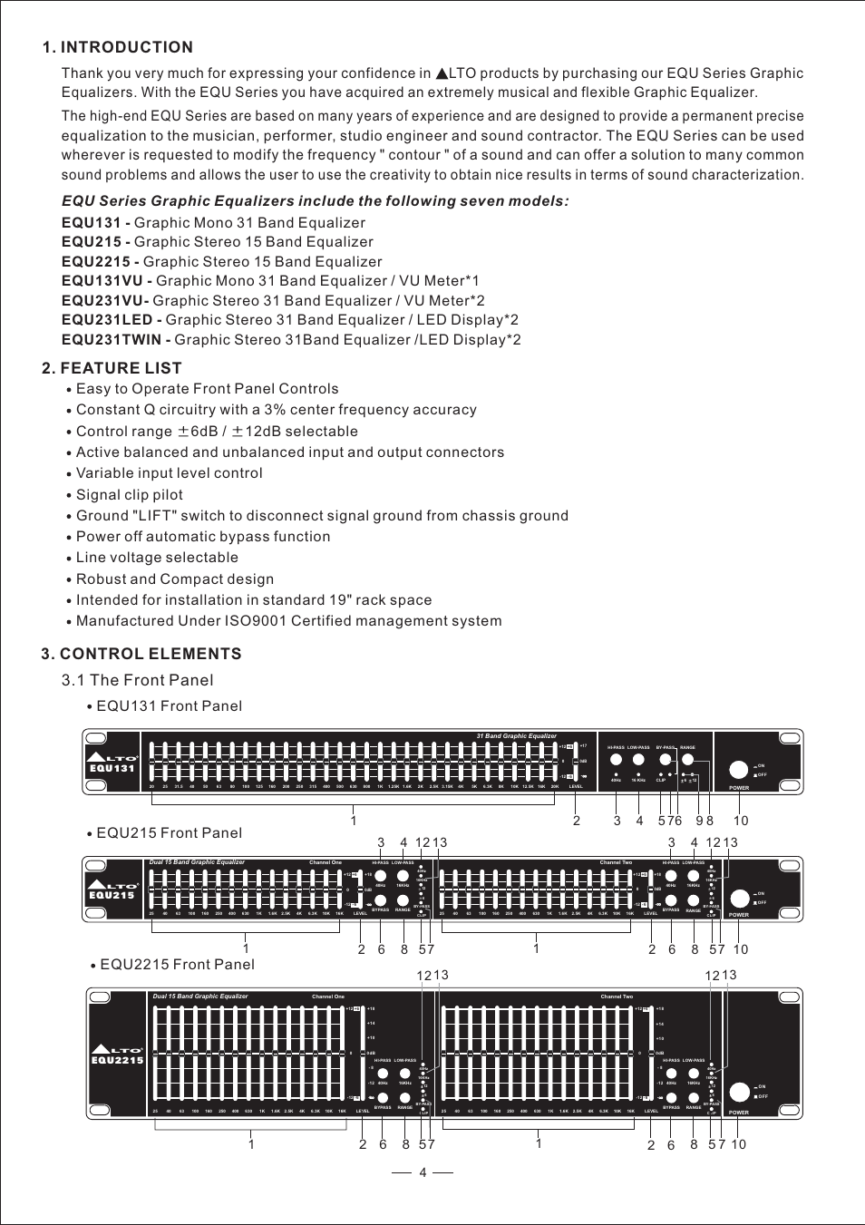 Introduction, Feature list, Control elements 3.1 the front panel | Nilfisk-ALTO EQU User Manual | Page 5 / 14