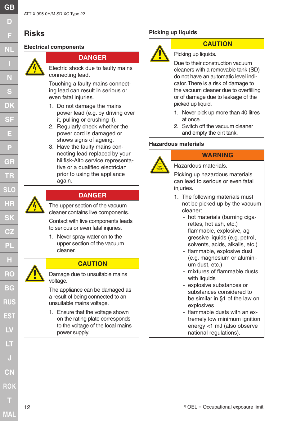 Risks | Nilfisk-ALTO M SD XC Type 22 User Manual | Page 12 / 40