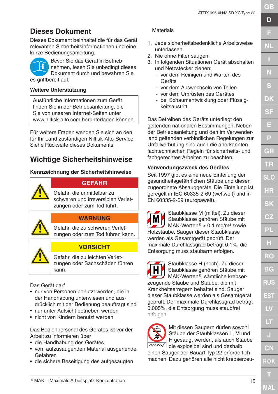Dieses dokument, Wichtige sicherheitshinweise | Nilfisk-ALTO M SD XC Type 22 User Manual | Page 15 / 40