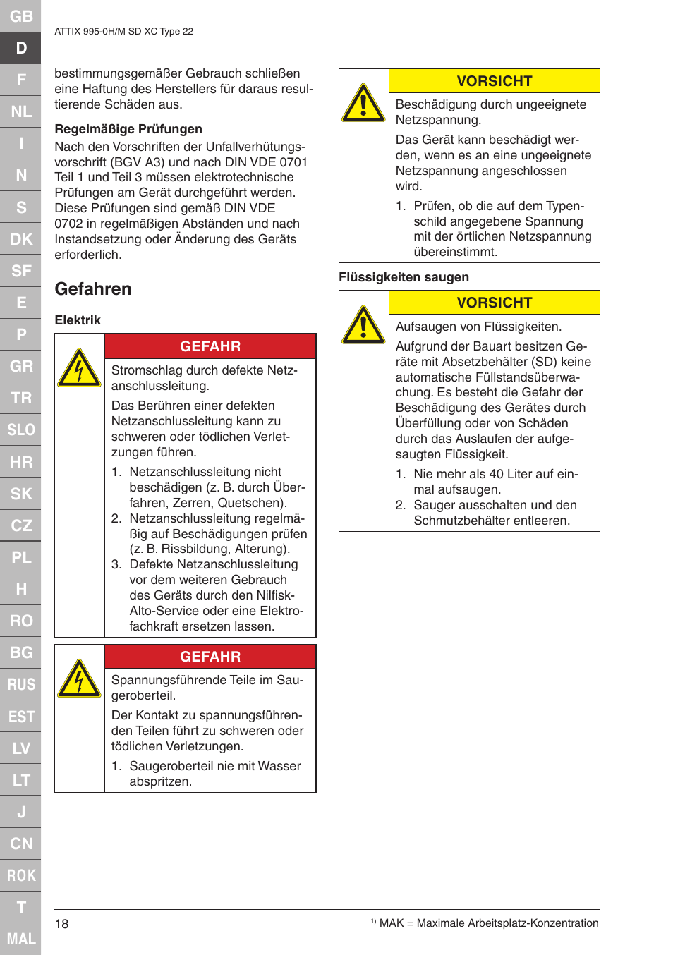 Gefahren | Nilfisk-ALTO M SD XC Type 22 User Manual | Page 18 / 40