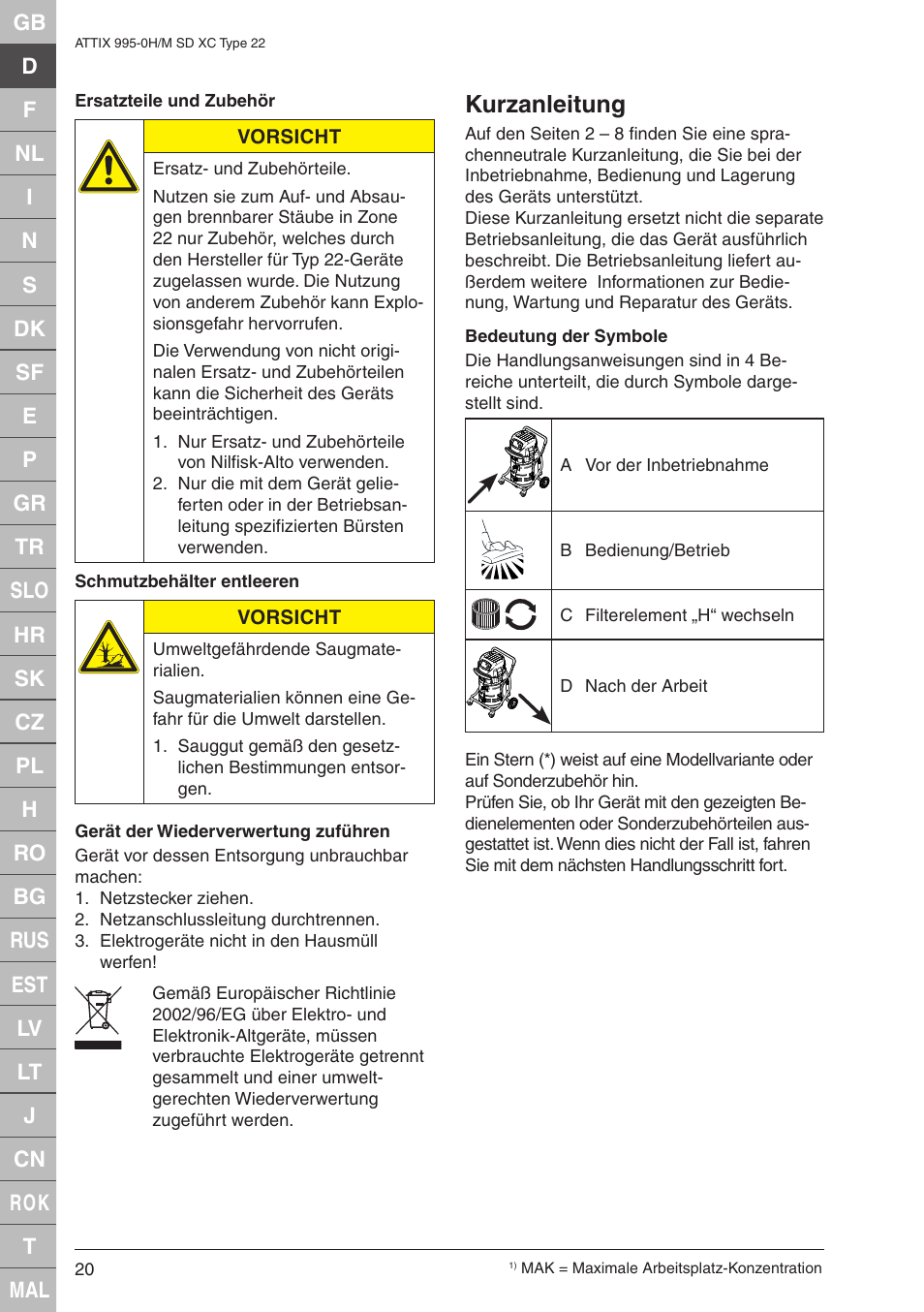 Kurzanleitung | Nilfisk-ALTO M SD XC Type 22 User Manual | Page 20 / 40