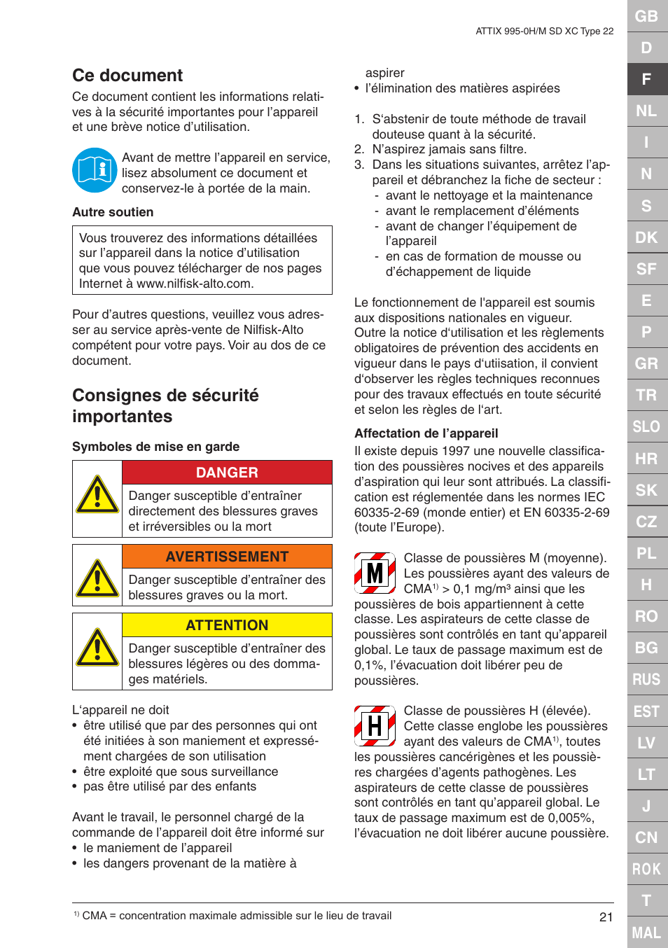 Ce document, Consignes de sécurité importantes | Nilfisk-ALTO M SD XC Type 22 User Manual | Page 21 / 40